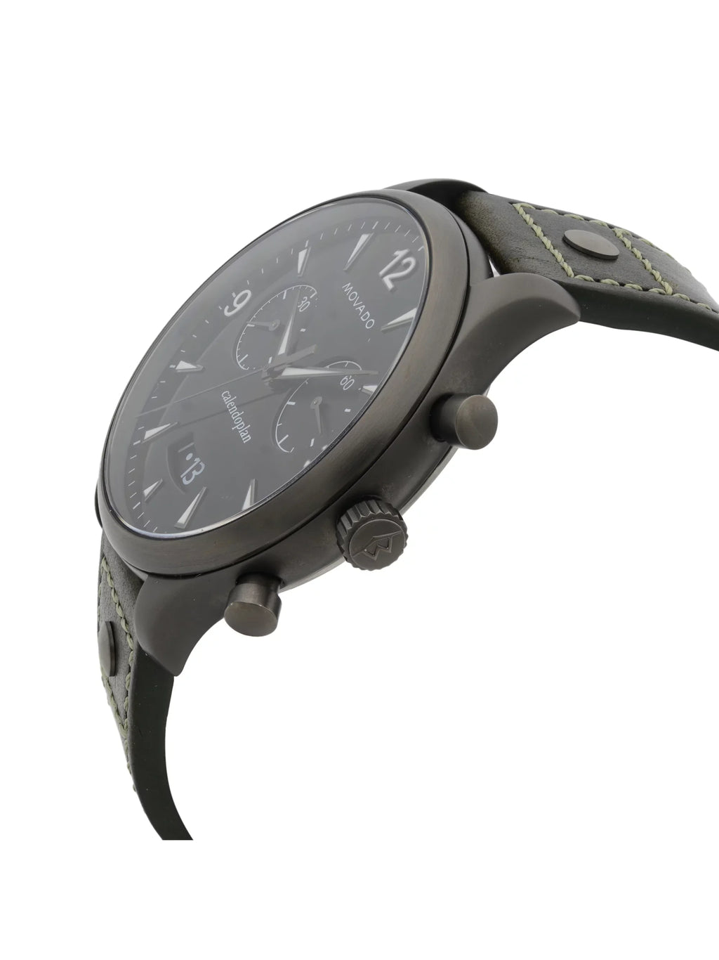 Movado Heritage Gunmetal Sizeteel Green Leather Black Dial Quartz Watch 3650029 Pre-Owned