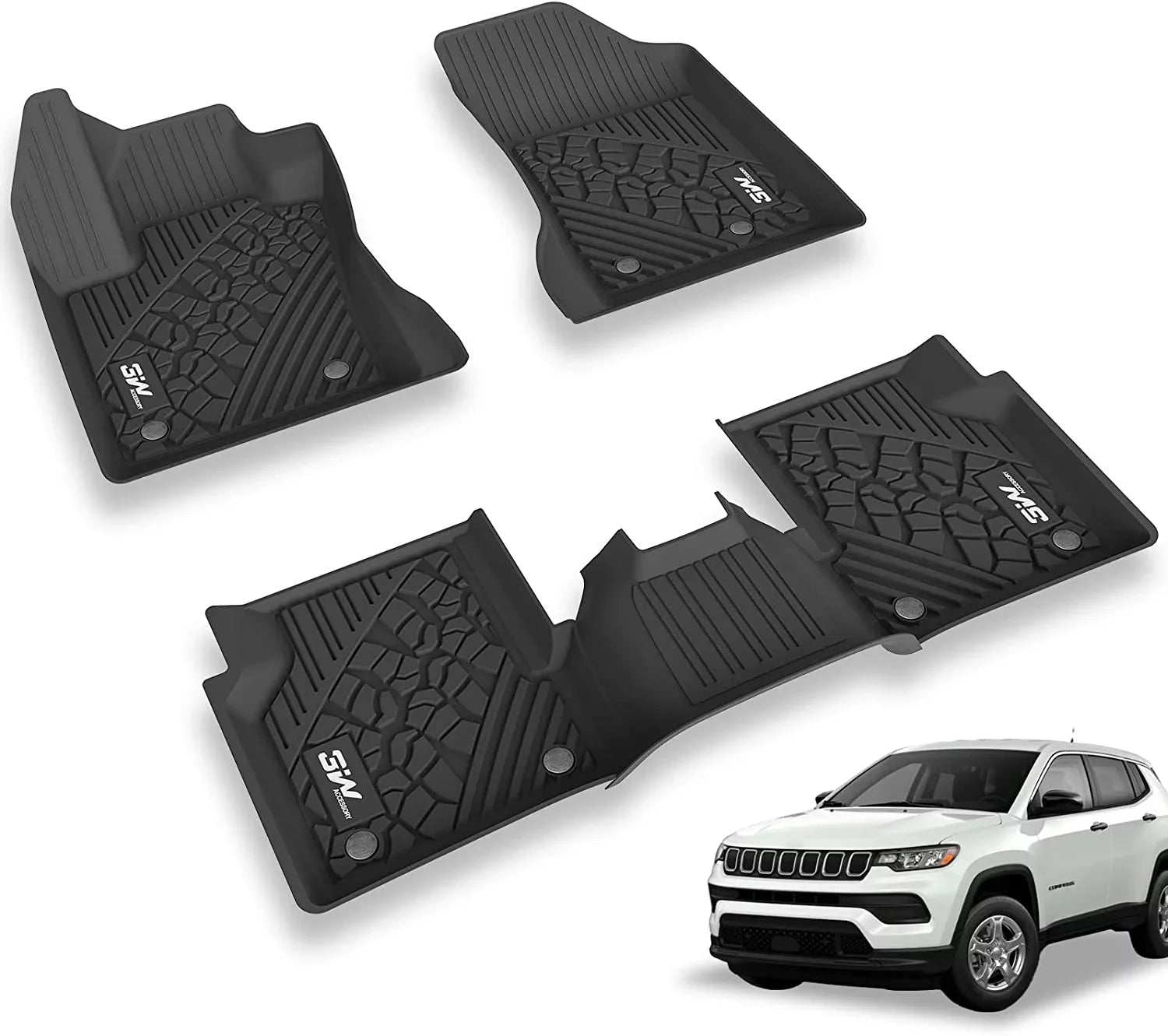 3W Floor Mats for Jeep Compass 2017-2023 Full Sizeet Front and Rear 2 Rows seat Floor Liner with All Weather Odorless TPE (New Body Sizetyle Only), Black