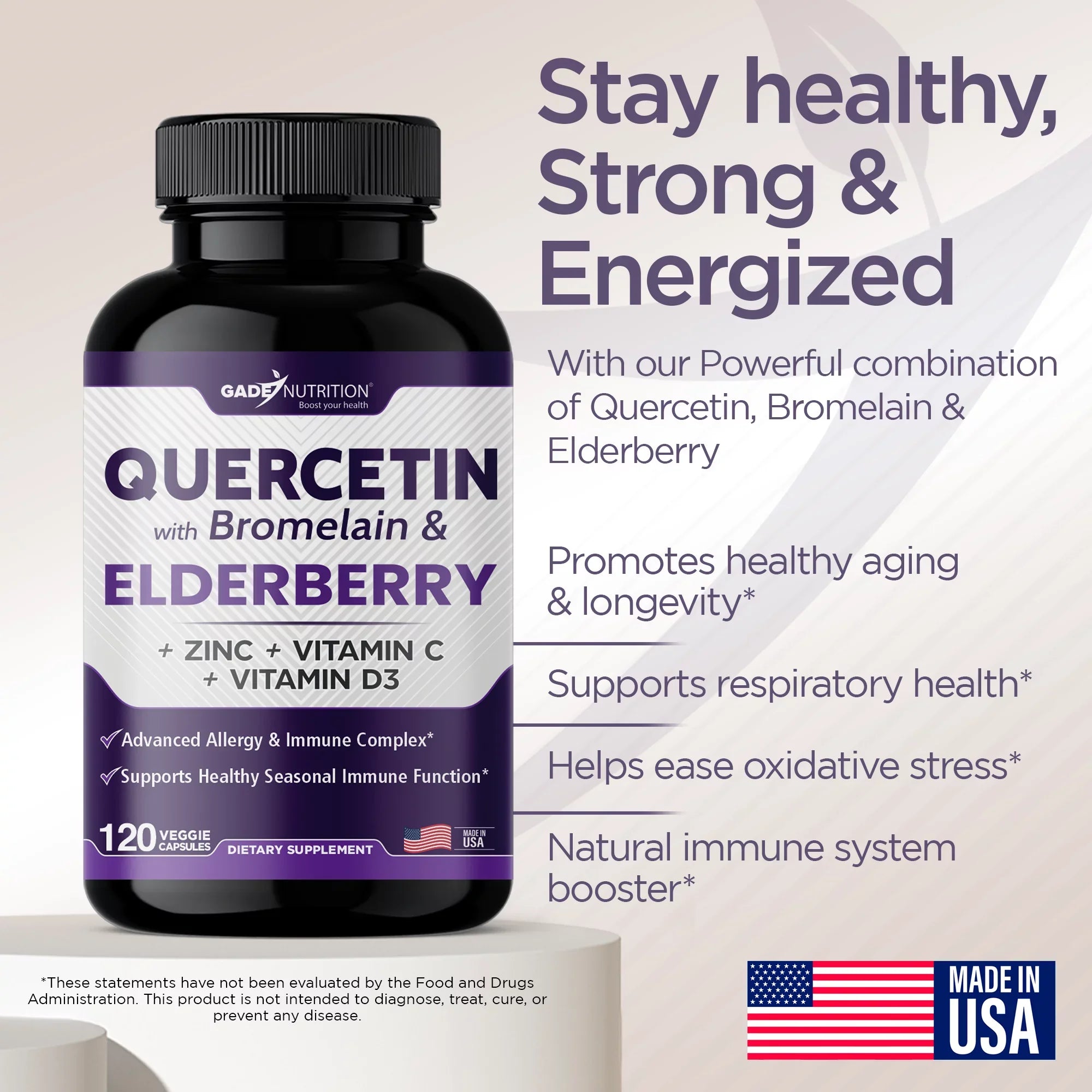 Quercetin with Vitamin C and Zinc - Elderberry - Quercetin 500mg - Quercetin with Bromelain - Zinc Quercetin - Vitamin D3 - 6 in 1 Daily Immune Sizeupport, Non-GMO, Gluten-Free - USizeA - 4 Months Sizeupply