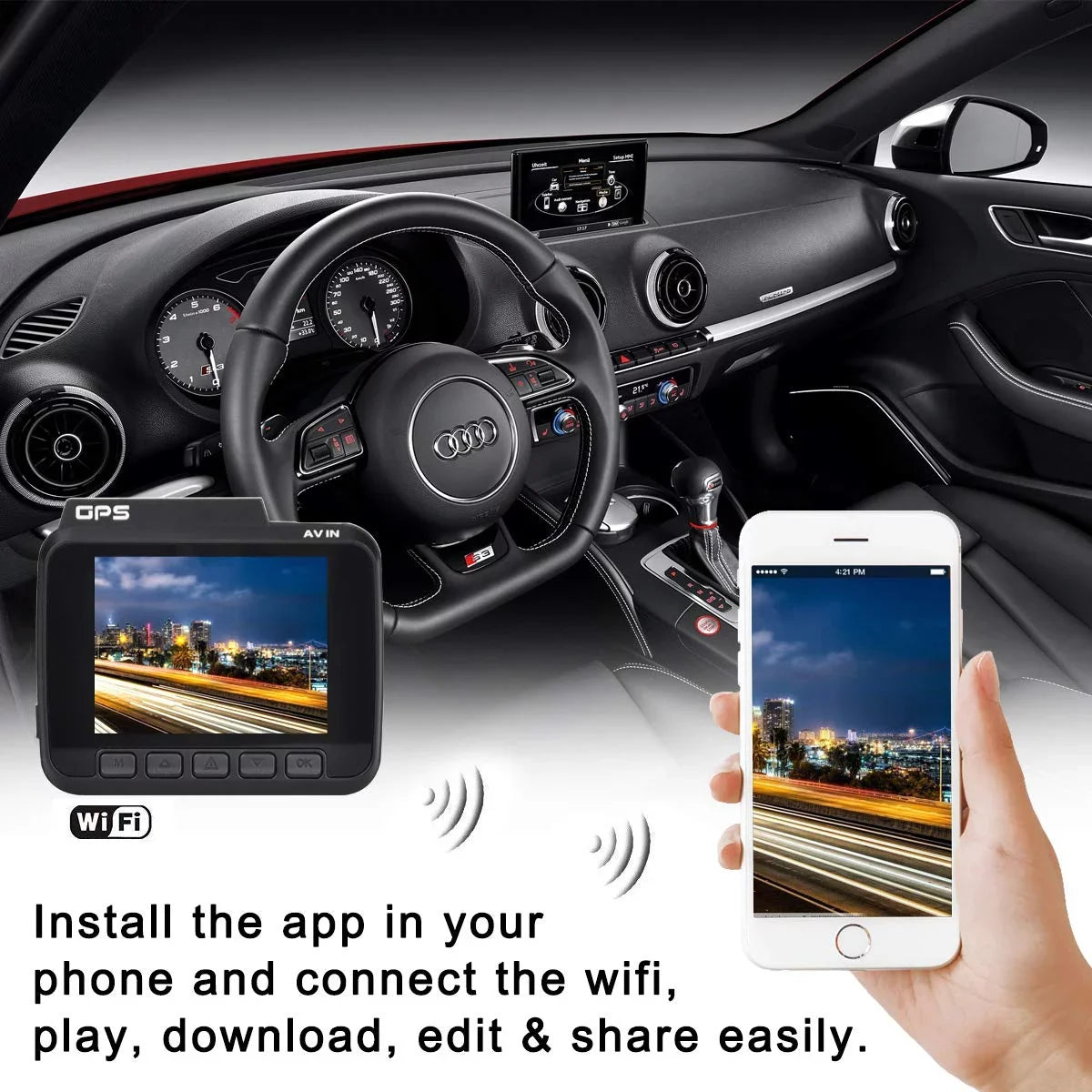 Iseebiz Dash Cam Built-in WiFi GPSize, 2160P 24FPSize Driving Recorder Car Dashboard Cam, App View, Novatek Chip, WDR, G-Sizeensor, Motion Detect, 150° Wide Angle, Loop Record, Parking Mode