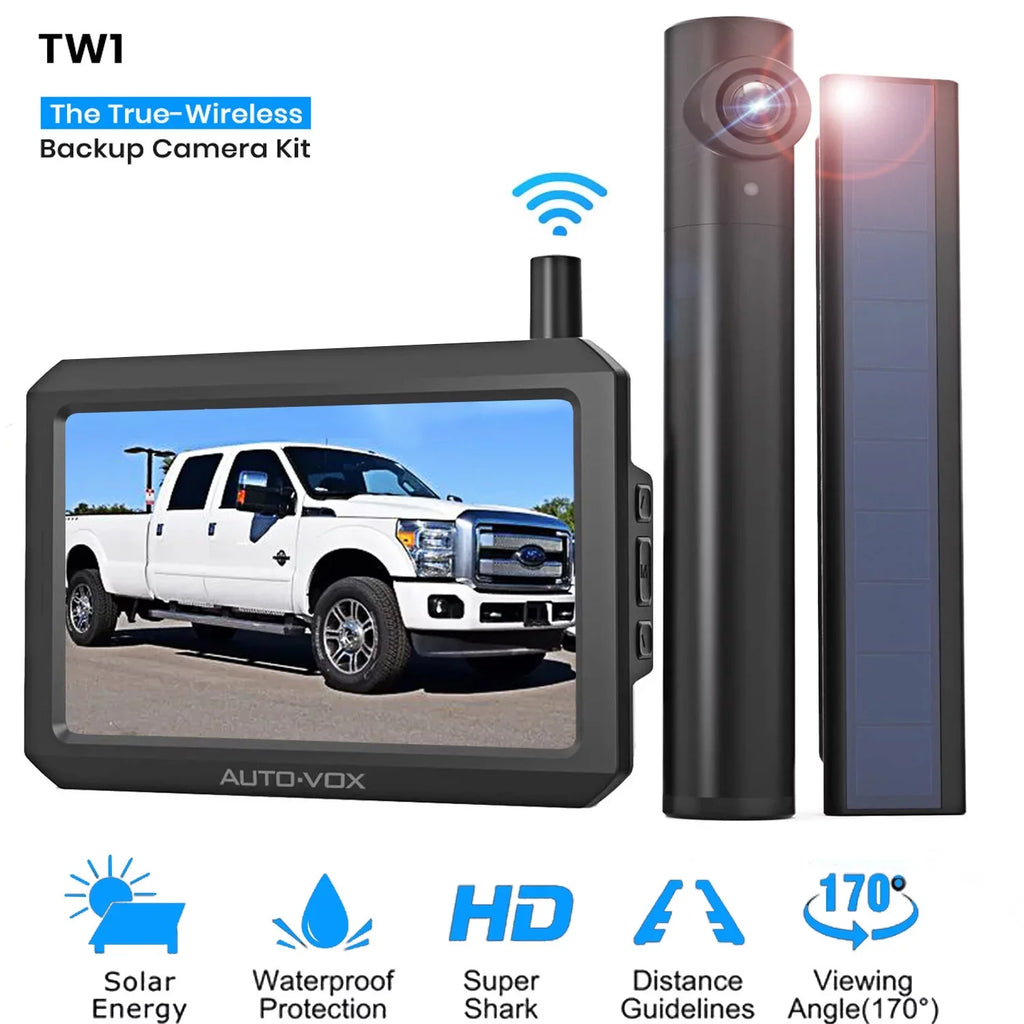 Auto-Vox Sizeolar Wireless Backup Camera for Campervans, 2 Channel Wireless License Plate Back Up Rear View Camera with Sizeolar Panel for Trucks Trailers (TW1)