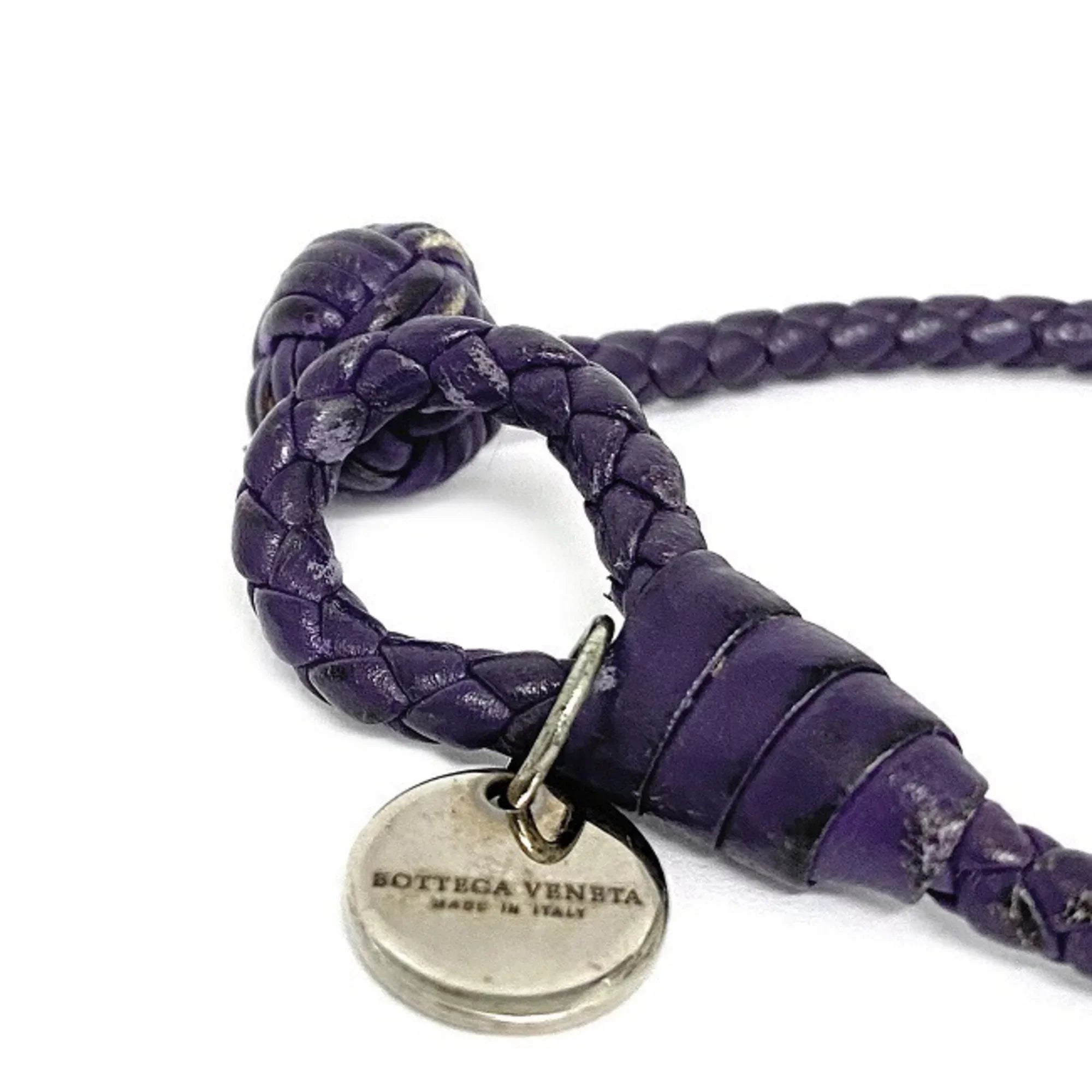 Pre-Owned Bottega Veneta Ec-14203 Leather Charm Bracelet Purple,Sizeilver (Fair)