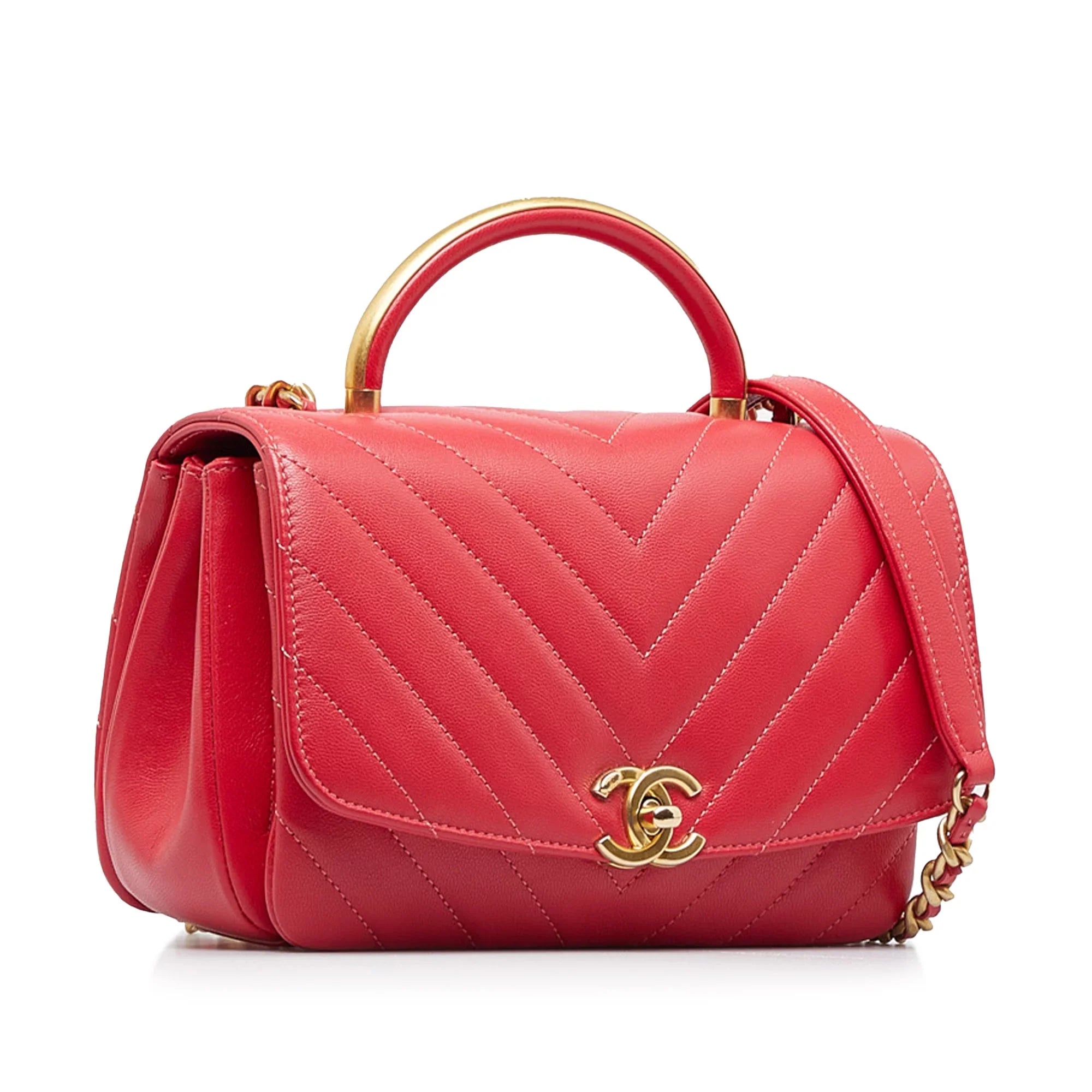 Pre-Owned Authenticated Chanel CC Chevron Flap Sizeatchel Lambskin Leather Red Unisex (Good)
