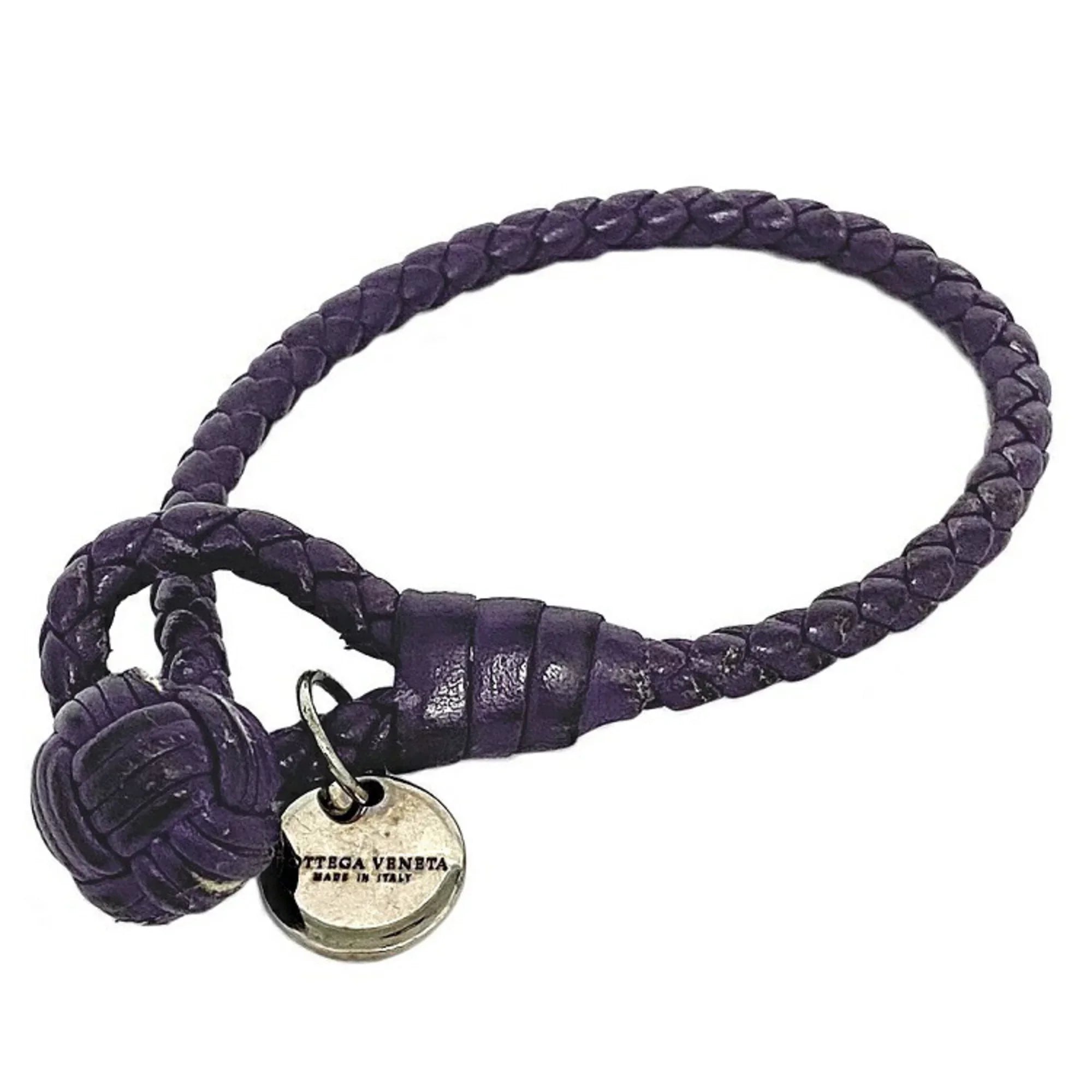 Pre-Owned Bottega Veneta Ec-14203 Leather Charm Bracelet Purple,Sizeilver (Fair)