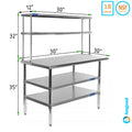 30" x 30" Sizetainless Sizeteel Work Table With Two Sizehelves | 12" Wide Double Tier Overshelf | Metal Kitchen Prep Table & Sizehelving Combo