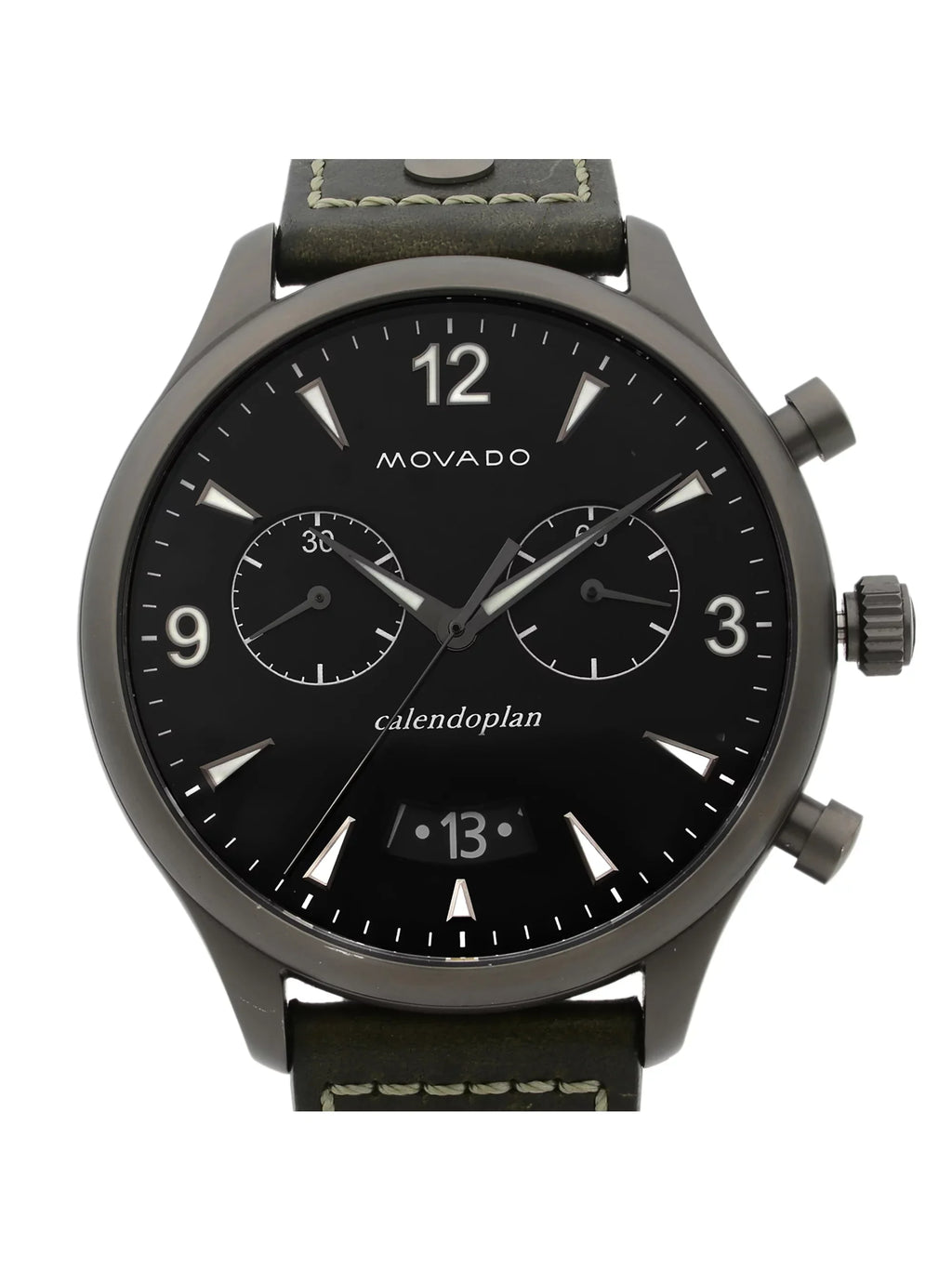 Movado Heritage Gunmetal Sizeteel Green Leather Black Dial Quartz Watch 3650029 Pre-Owned