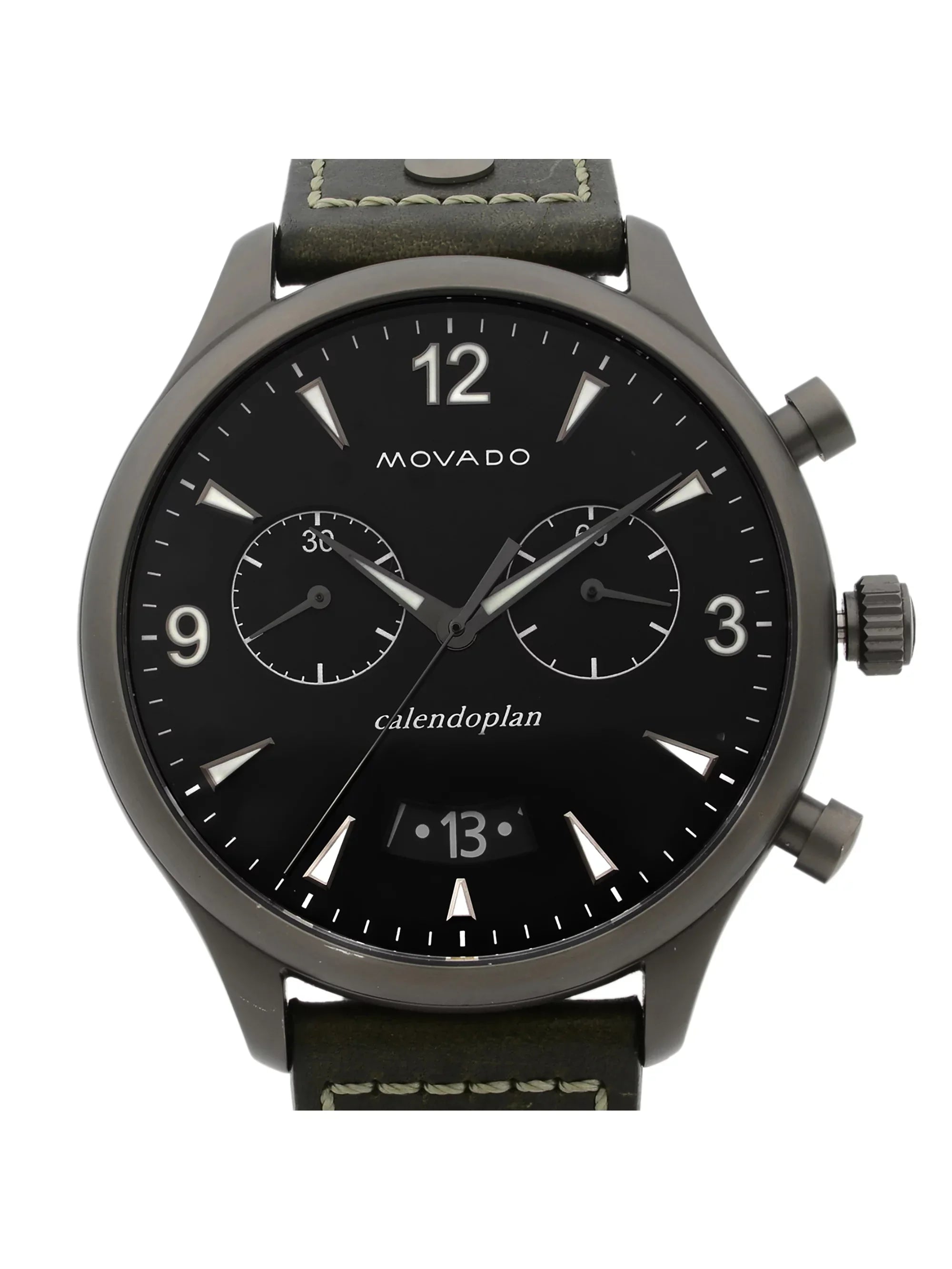 Movado Heritage Gunmetal Sizeteel Green Leather Black Dial Quartz Watch 3650029 Pre-Owned