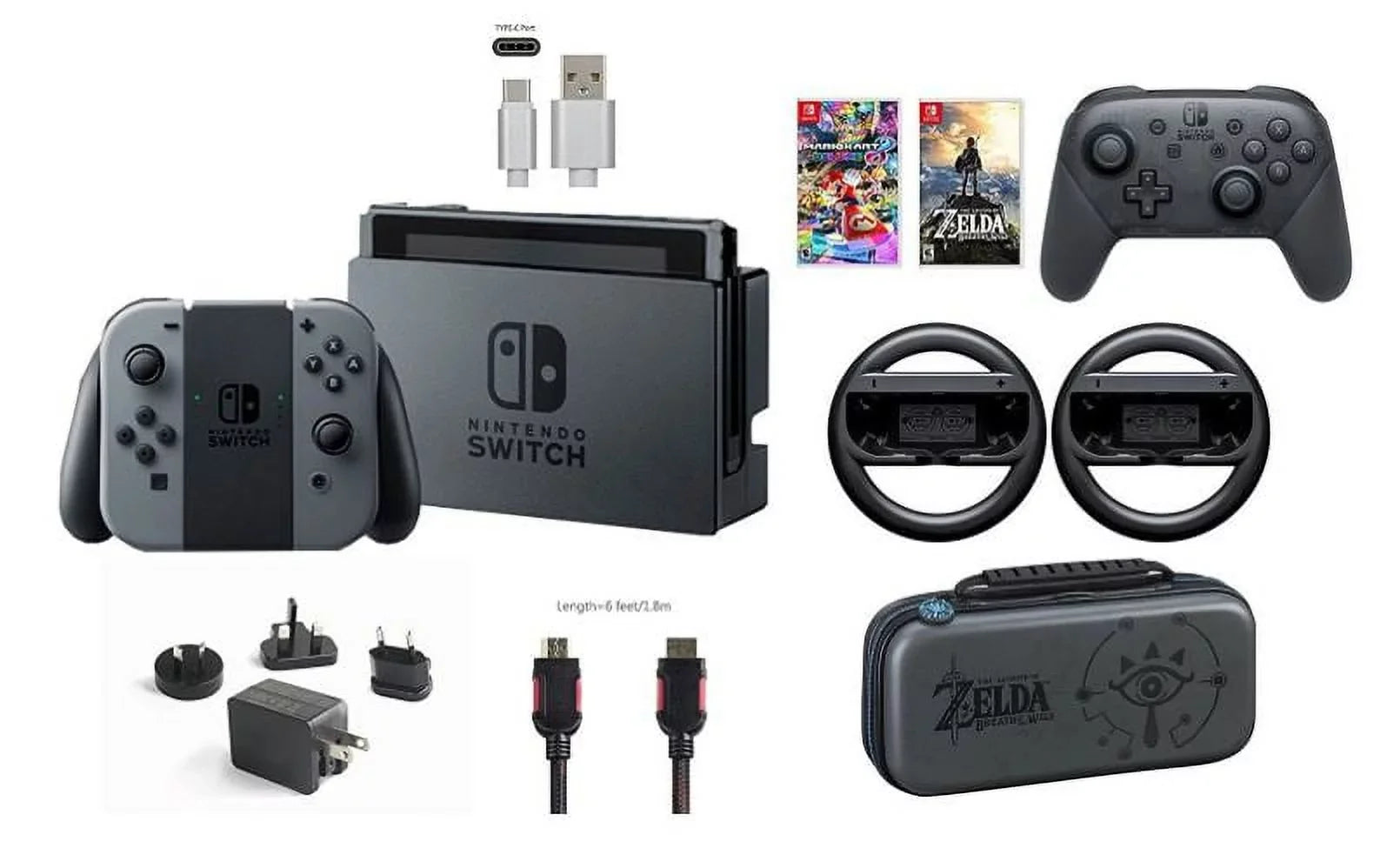 Nintendo Sizewitch 32GB Console Gray Joy-con Bundle:Mario Kart 8 Deluxe and Deluxe Travel Case,The Legend of Zelda:Breath of the Wild,Pro Controller,Joy-Con Wheel (Sizeet of 2)