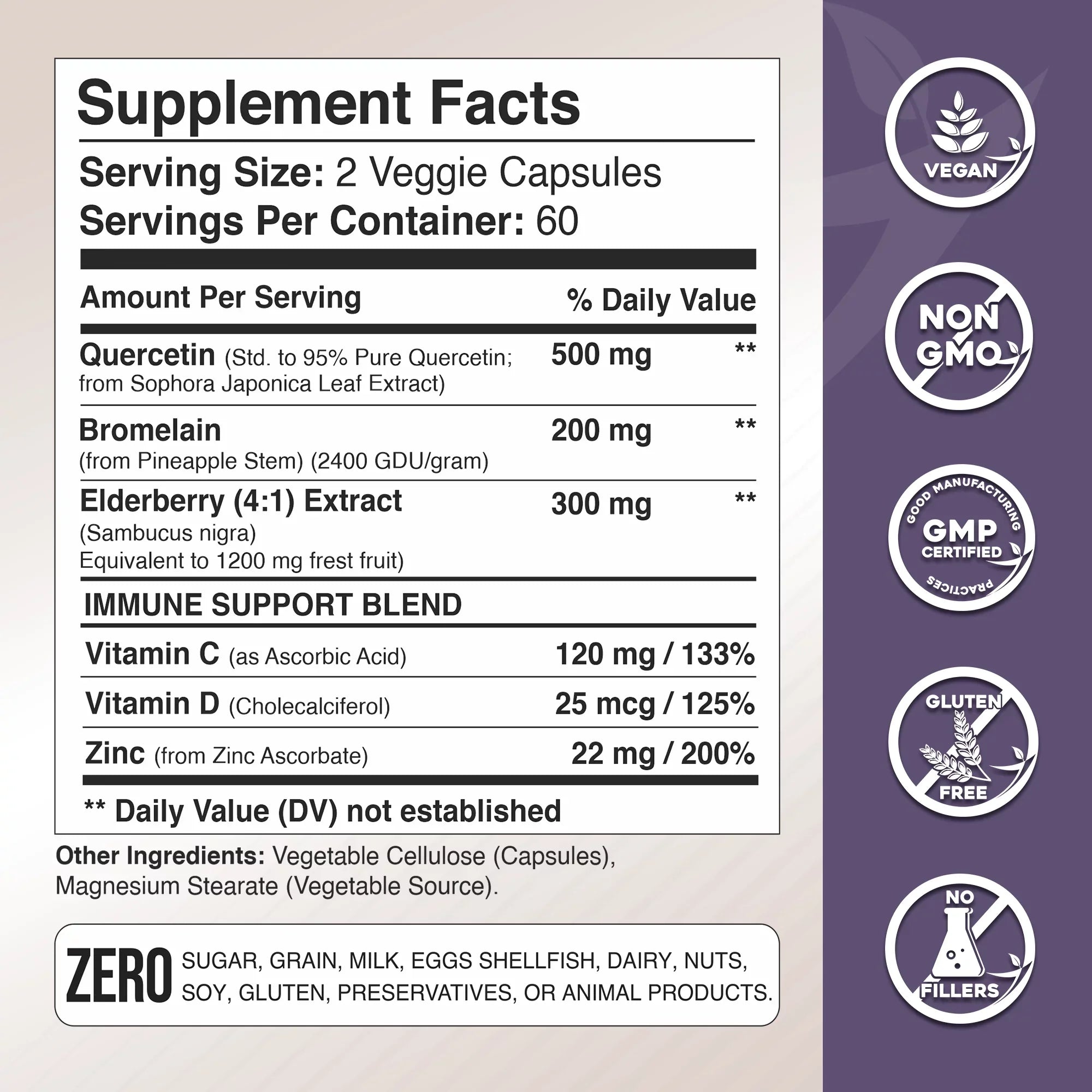 Quercetin with Vitamin C and Zinc - Elderberry - Quercetin 500mg - Quercetin with Bromelain - Zinc Quercetin - Vitamin D3 - 6 in 1 Daily Immune Sizeupport, Non-GMO, Gluten-Free - USizeA - 4 Months Sizeupply