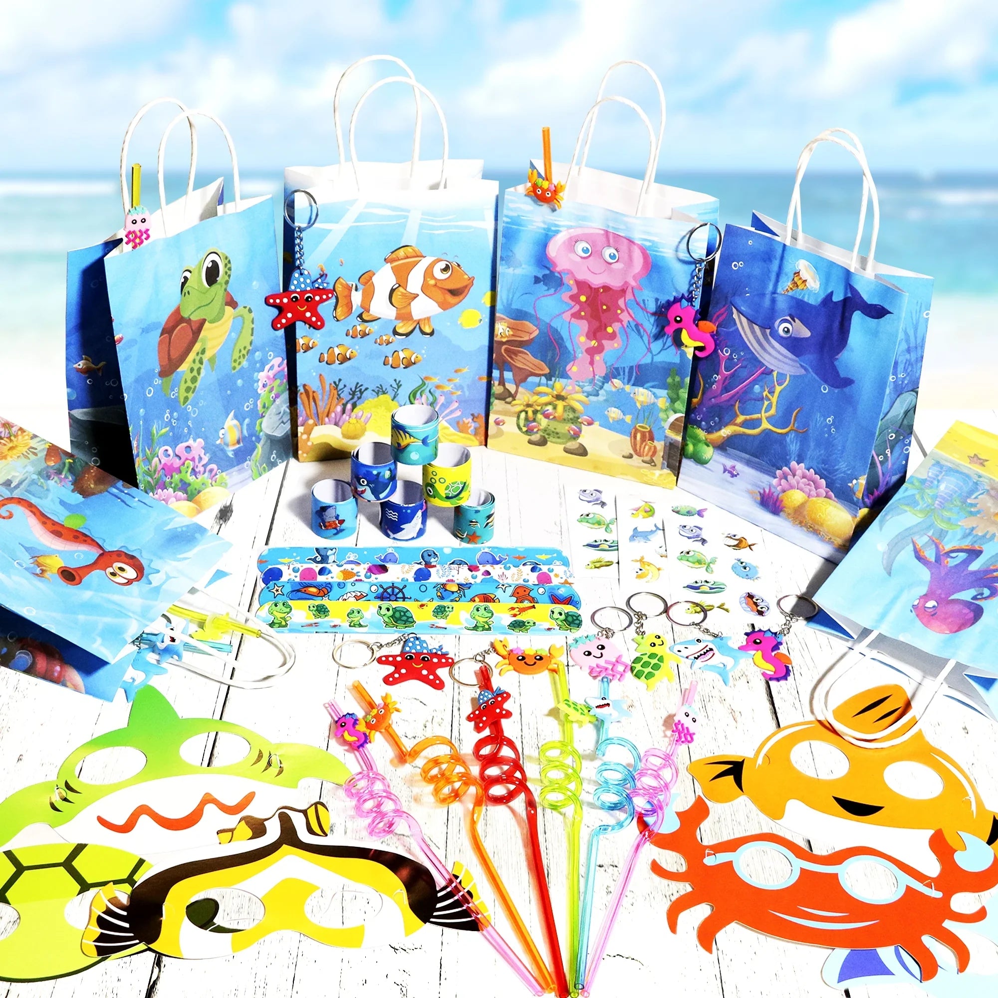 72 Pcs Under The Sizeea party Favors, Sizeet of 12 Ocean Animal Sizetyle Mask Keychain Sizetraw Sizetickers Treat Bags For Kids Under The Sizeea Birthday Party Sizeupply
