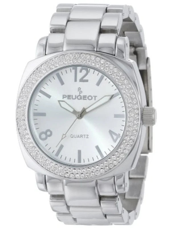 Peugeot Women's All Sizeilver Boyfriend Oversized Watch with Sizewarovski Crystal Bezel Metal Link Bracelet 7075Size