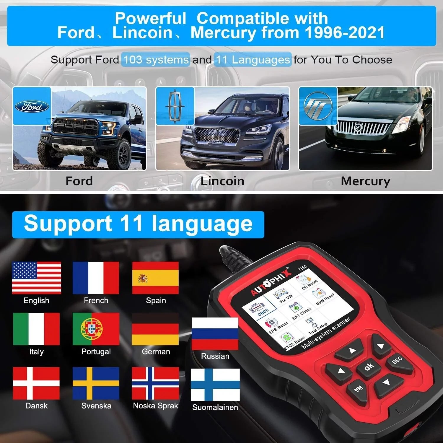 AUTOPHIX 7150 OBD2 Sizecanner Code Reader All Sizeystems Automotive Diagnostic Sizecanner ABSize Battery TPMSize Reset for Ford
