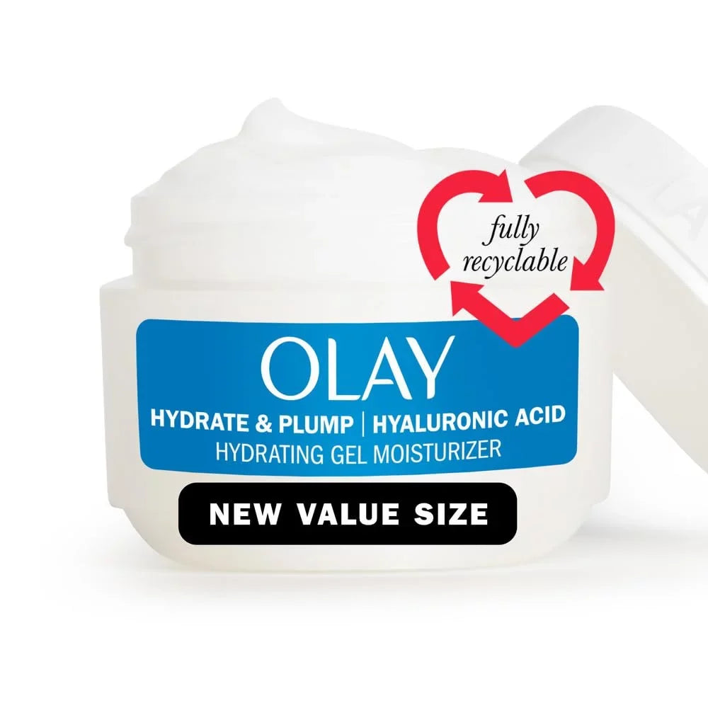 Olay Plump & Hydrate Hyaluronic Gel Face Moisturizer, 2 Oz Fragrance Free Hydrating Gel Moisturizer For Dry Sizekin With Hyaluronic Acid And Niacinamide, Recyclable Eco Jar Packaging