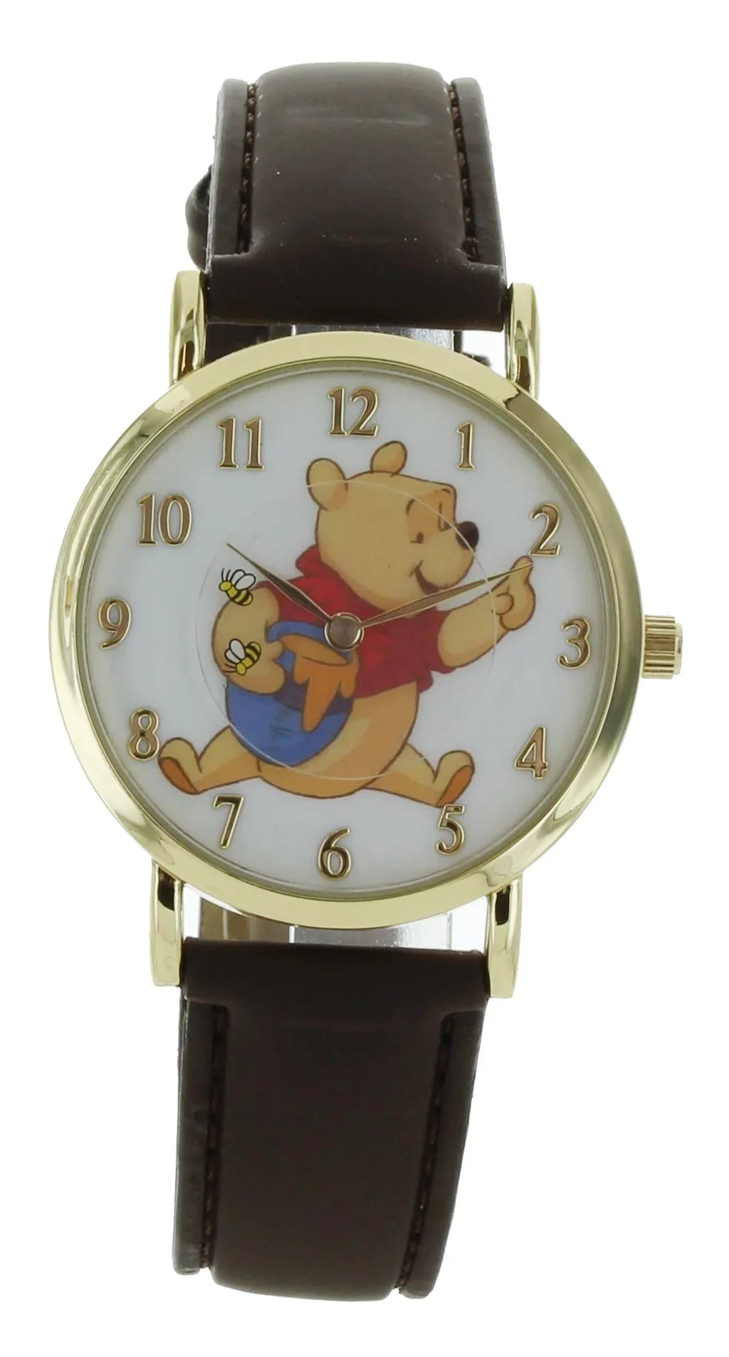 Disney Winnie The Pooh Rotating Bees Gold Tone Case With Brown Leather Band Analog Watch WP5003
