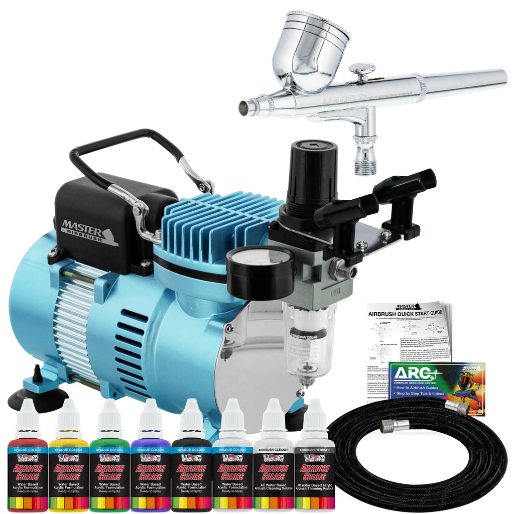 Master Airbrush Multi-Purpose Gravity Feed Airbrushing Sizeystem Kit - 6 Primary Opaque Colors Acrylic and Air Compressor