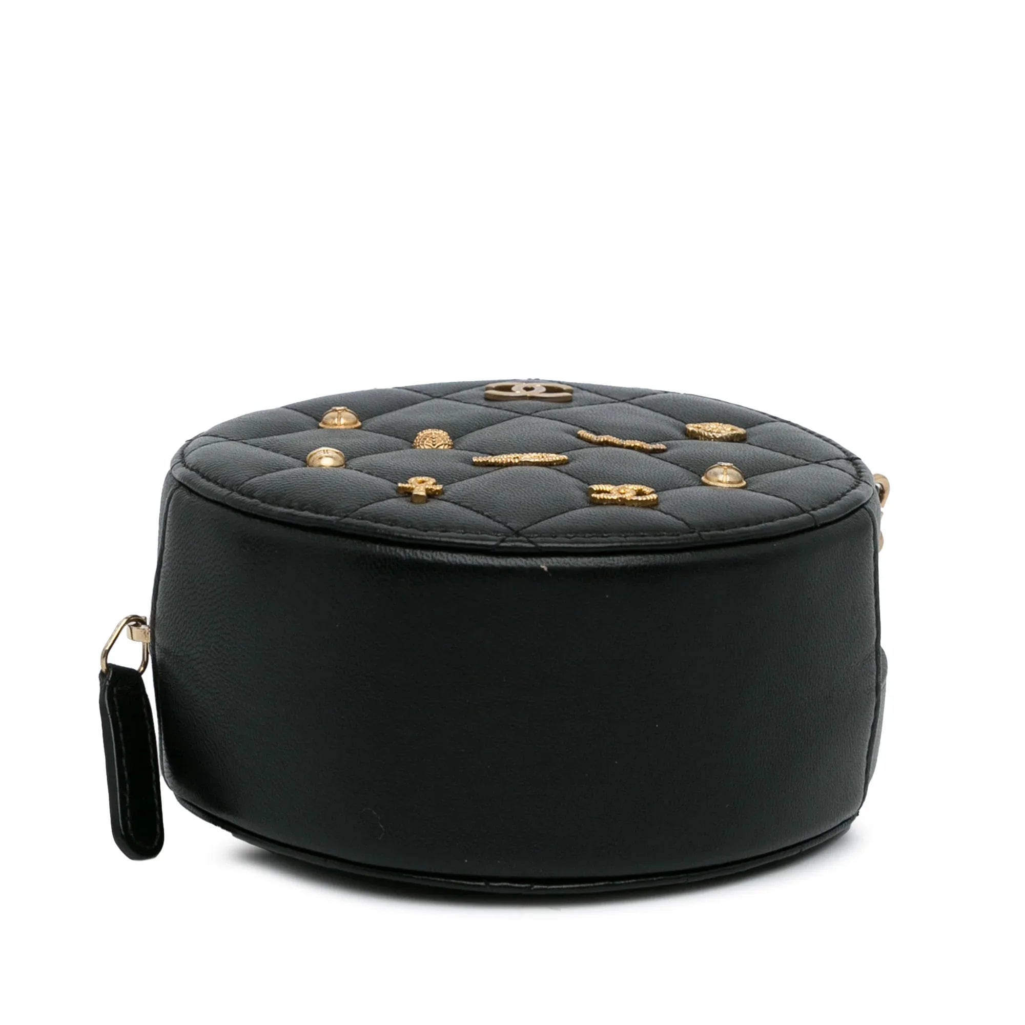 Pre-Owned Authenticated Chanel Lucky Charms Round Crossbody Bag Lambskin Leather Black Unisex (Good)