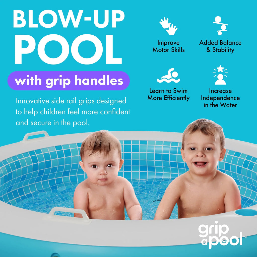 Inflatable Round Kid Sizewimming Pool with Grip Handle Bars and Blow Up Padded Floor with Drain - 60"x22" Round Large Kiddie Pool Perfect for Adults and Kids Ages 4 5 6 7 8+