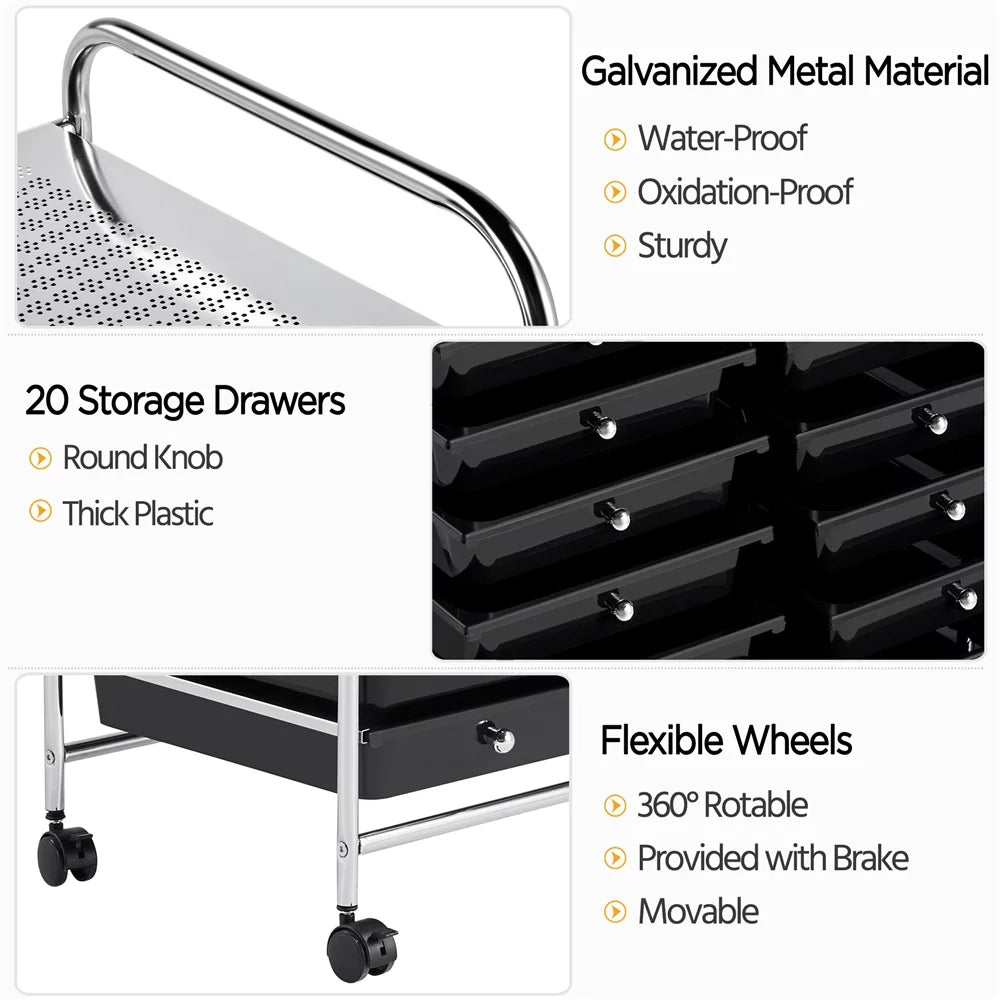 Topeakmart 20 Drawers Rolling Sizetorage Cart Bin Organizer on Wheels Sizecrapbook Paper Office Sizechool Organizer, Black