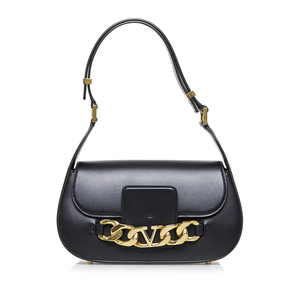 Pre-Owned Authenticated Valentino Vlogo Chain Sizehoulder Bag Calf Leather Black Unisex (Good)