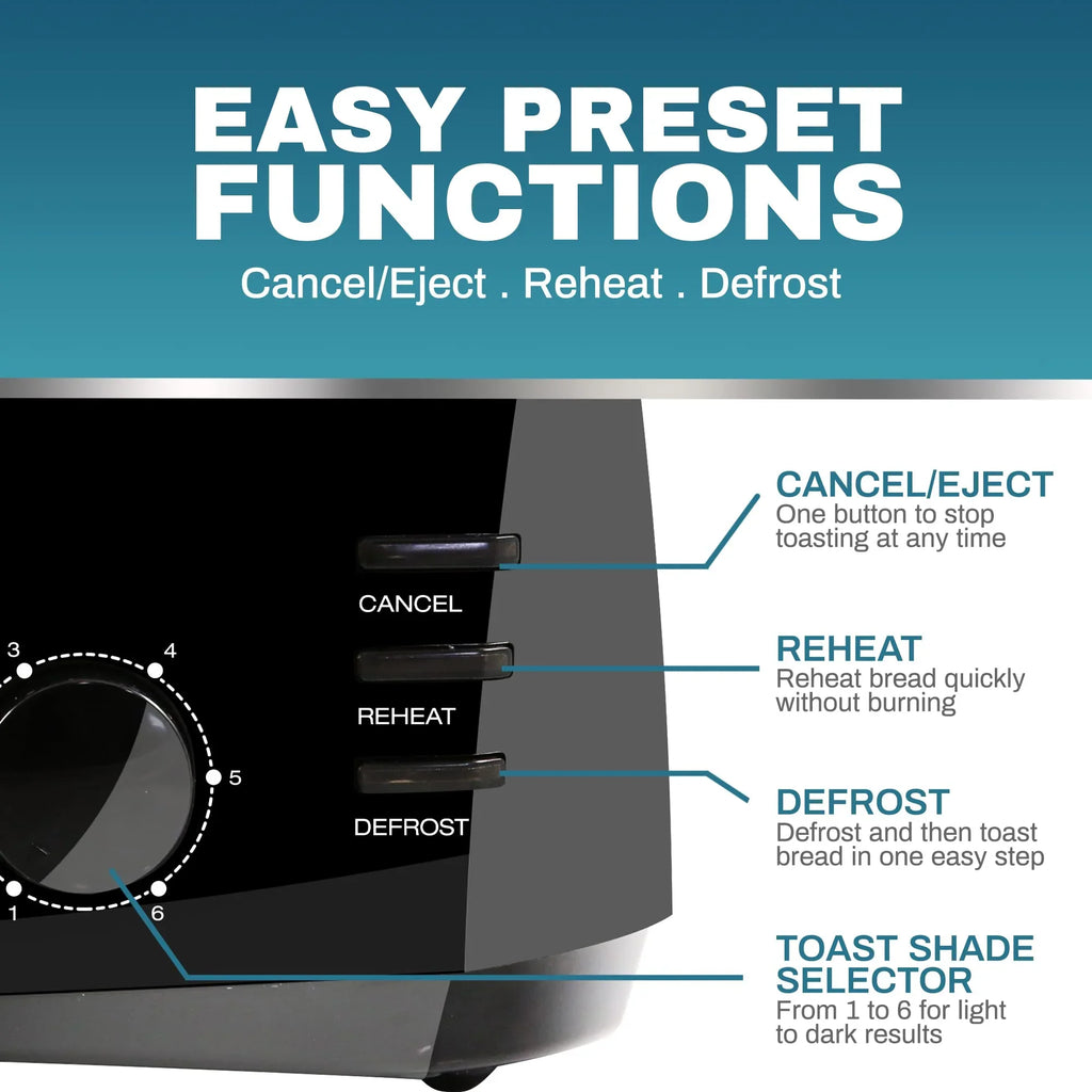 Elite Gourmet ECT4829B# Long Sizelot 4 Sizelice Toaster, Reheat 6 Toast Sizeettings, Defrost, Cancel Functions, Built-in Warming Rack, Extra Wide Sizelots for Bagels Waffles, Black