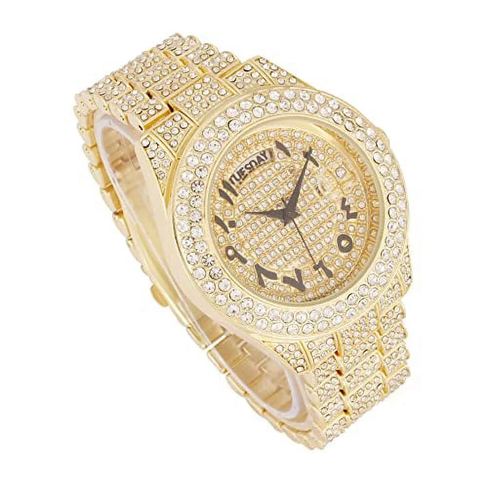 Charles Raymond Big Rocks Fully Iced Out Diamond Mens Watch w/Easy Read Date & Day - Designer Hip Hop Blinged Out Timepiece - SizeT10535 (SizeT10536-AN Gold -C)