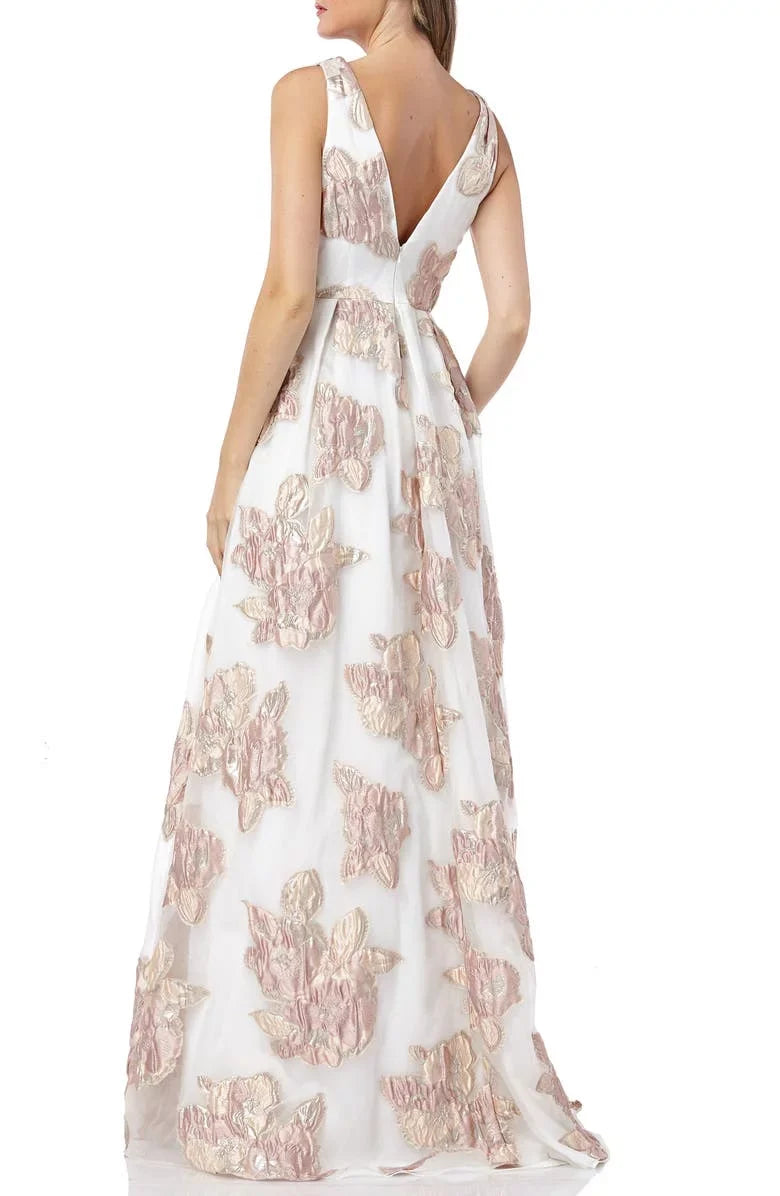 Carmen Marc Valvo Infusion BLUSizeH/IVORY Women's Organza Pleated Gown, USize 8