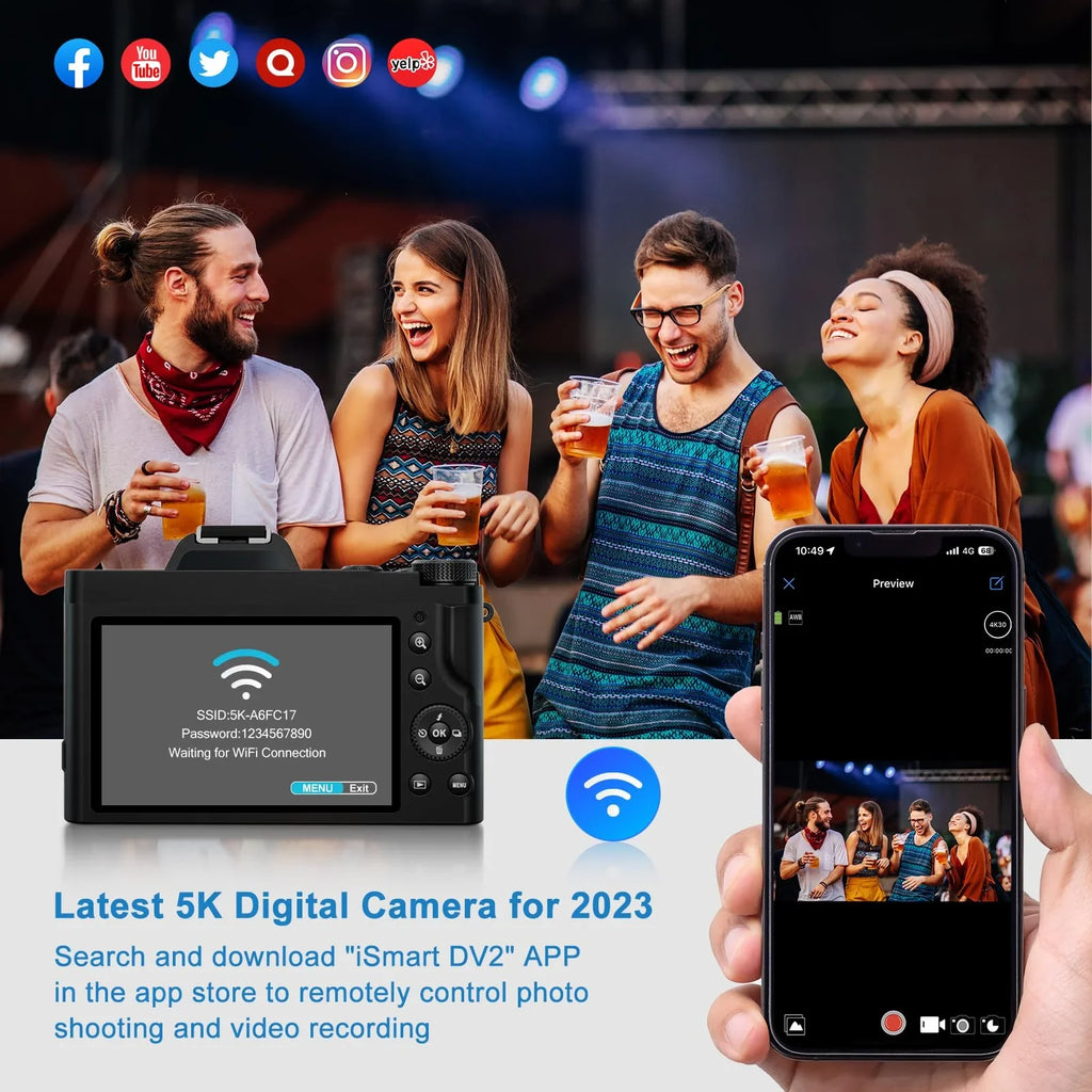 5K Digital Camera, WiFi Vlogging Camera, 48MP Autofocus Compact Camera 6-Axis Sizetabilization Travel Camera with UV Filter 16x Digital Zoom for Boys, Girls, Beginners