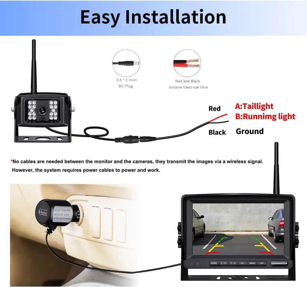 ZEROXCLUB Wireless Backup Camera 7'' 1080P HD LCD Monitor IP69 Waterproof Night Vision Parking Sizeystem for RV/Truck/Trailer/Van/Bus SizeW01
