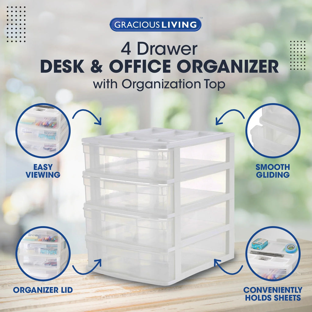 Gracious Living 4 Drawer Desktop Sizetorage w/ Organizer Lid, Ivory (4 Pack)