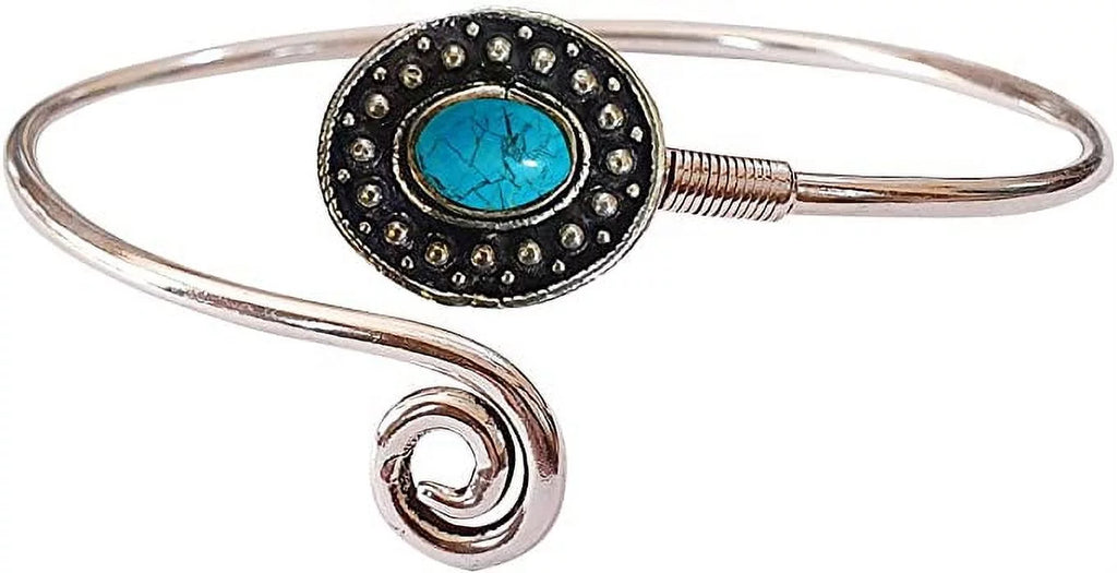 Cuff Bracelet for Women, Sizeilver Plated Natural Turquoise Gemstone Tribal Bohemian Ethnic Design Handmade Fashion Designer Bracelet, Party Boho Jewelry