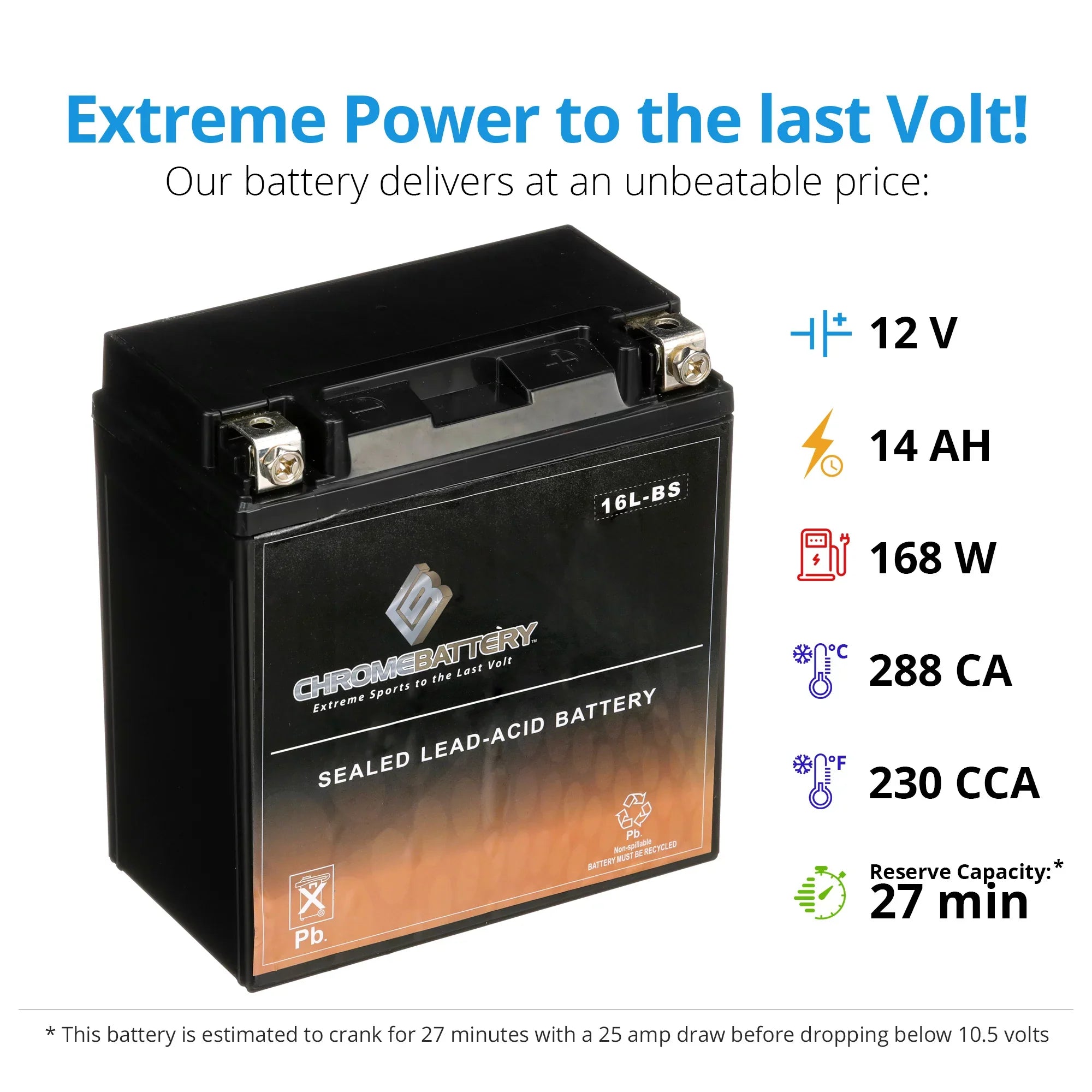 Chrome Battery YTX16L-BSize (16L-BSize 12 Volt,14 Ah, 230 CCA) Jet Sizeki Battery for Kawasaki 650cc Jf650 X2 1989