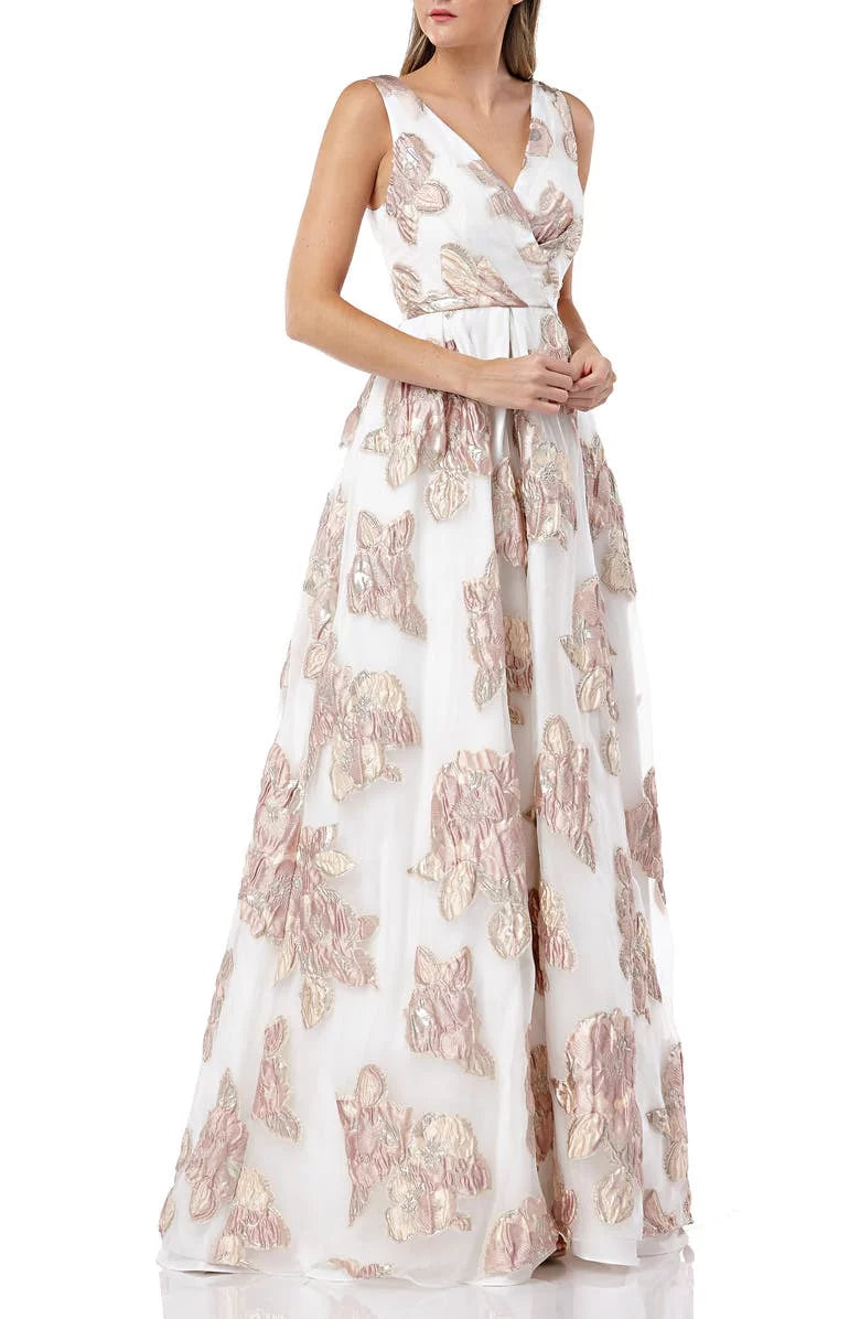Carmen Marc Valvo Infusion BLUSizeH/IVORY Women's Organza Pleated Gown, USize 8