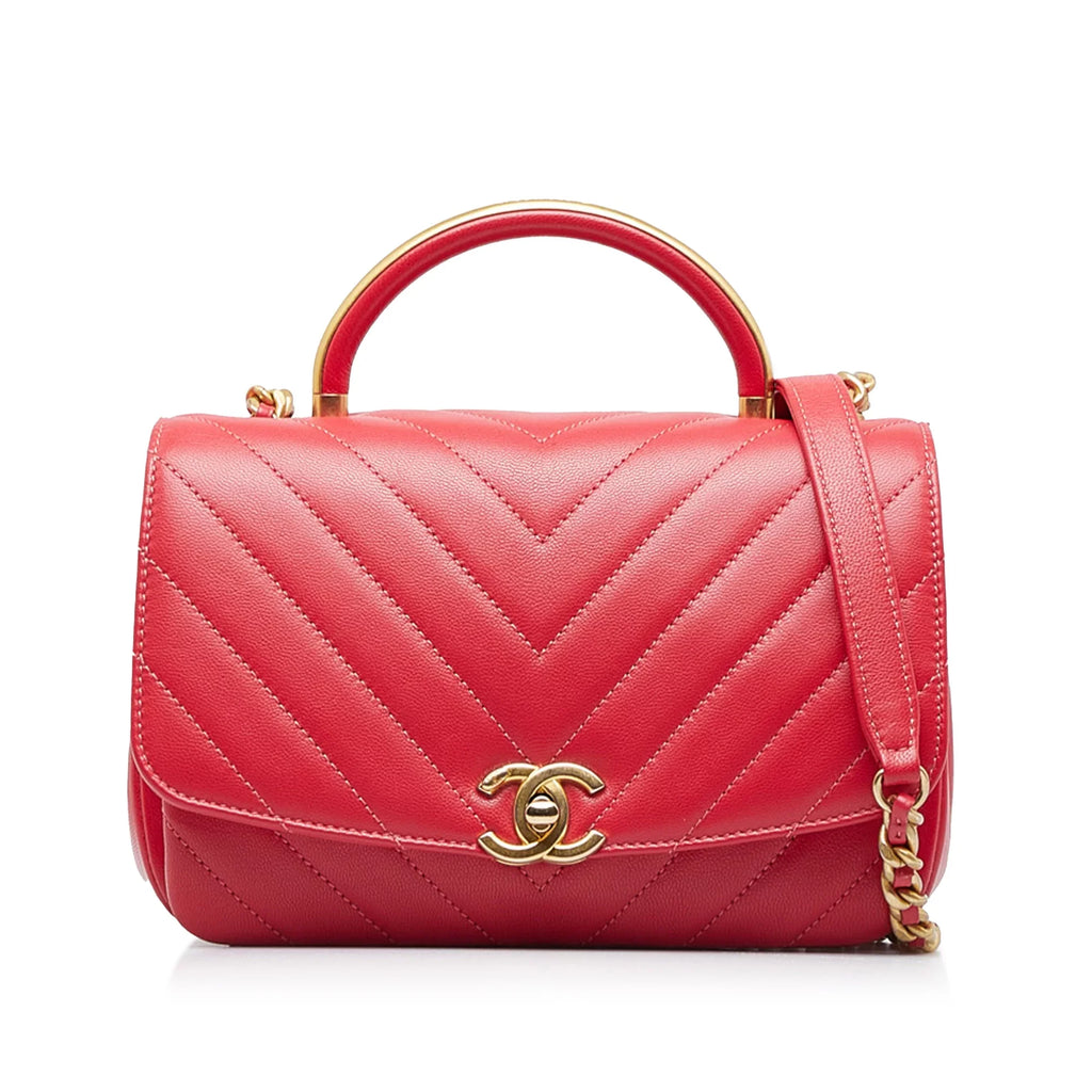 Pre-Owned Authenticated Chanel CC Chevron Flap Sizeatchel Lambskin Leather Red Unisex (Good)