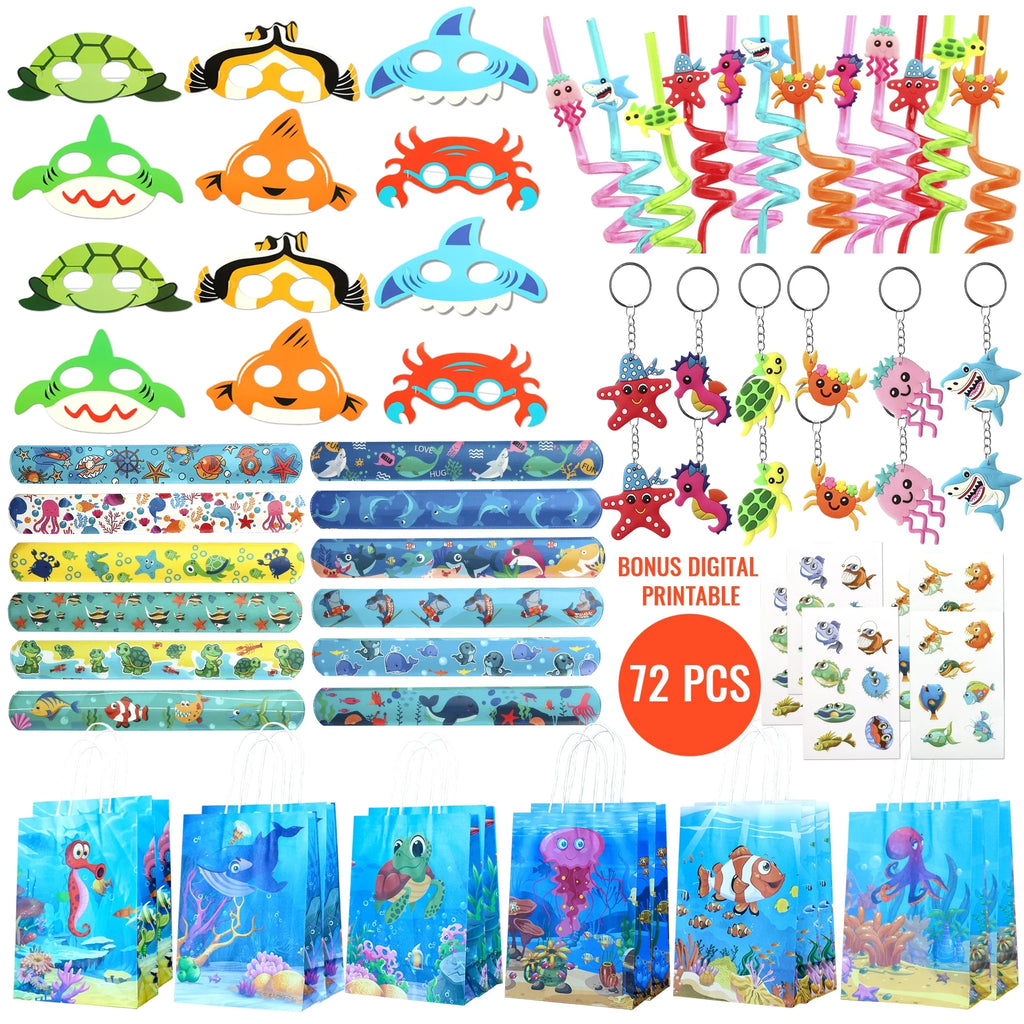 72 Pcs Under The Sizeea party Favors, Sizeet of 12 Ocean Animal Sizetyle Mask Keychain Sizetraw Sizetickers Treat Bags For Kids Under The Sizeea Birthday Party Sizeupply