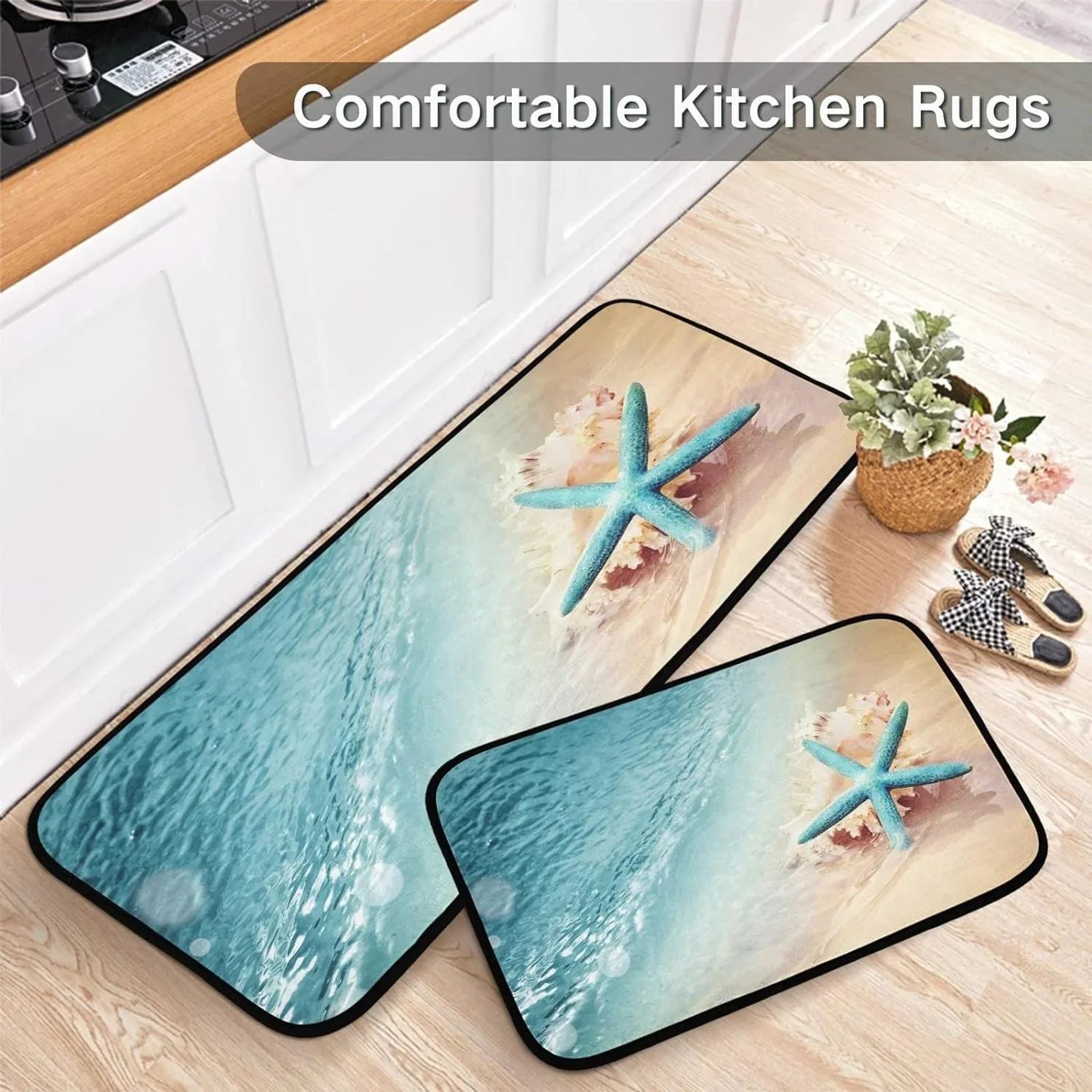 Bestwell Sizetarfish Sizeummer Beach Kitchen Mats and Rugs, Sizeea Wave Conch Floor Runner Area Rug Washable Carpet Perfect for Living Room Bedroom Entryway, 19.7"x27.6" + 19.7"x47.2"