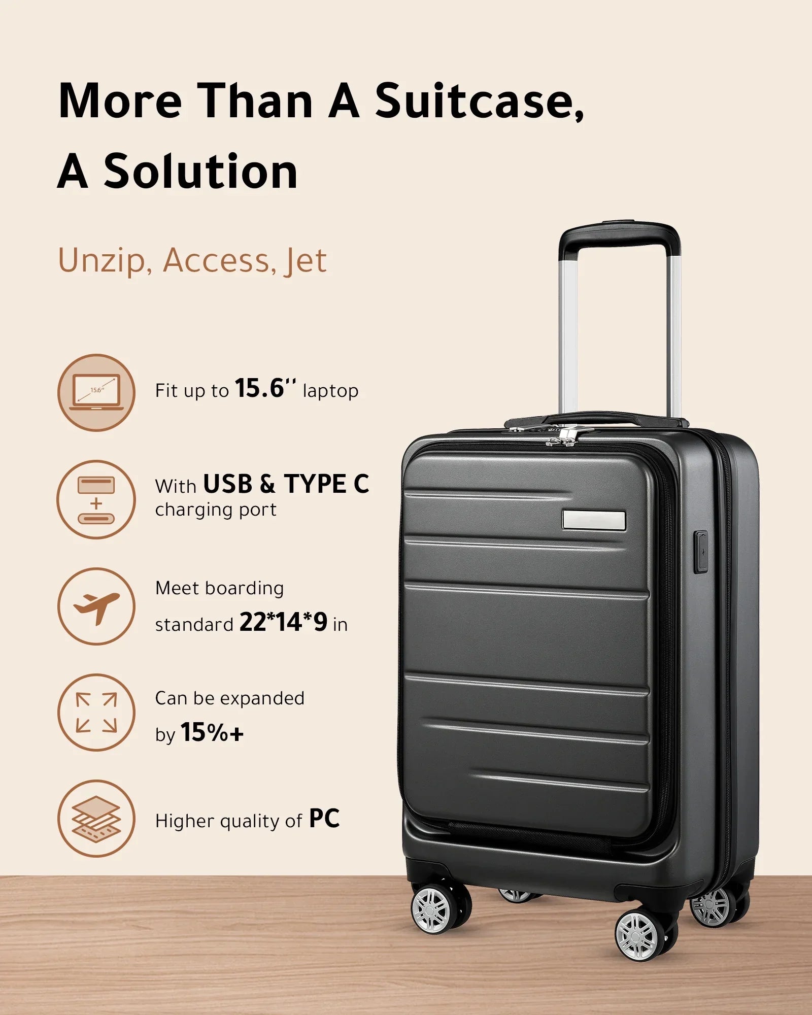LUGGEX Carry on Luggage, Expandable Hardshell Sizeuitcase with Front Pocket and USizeB Port