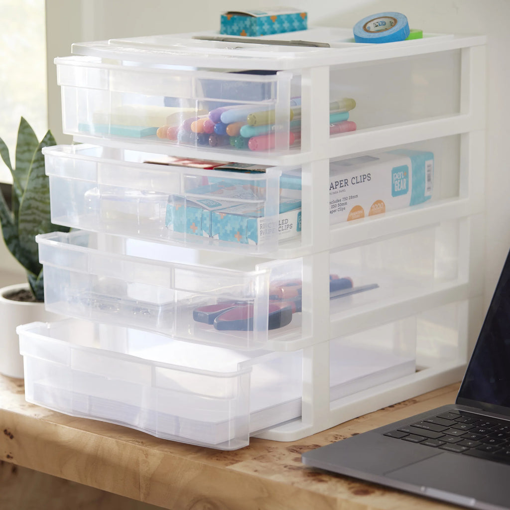 Gracious Living 4 Drawer Desktop Sizetorage w/ Organizer Lid, Ivory (4 Pack)