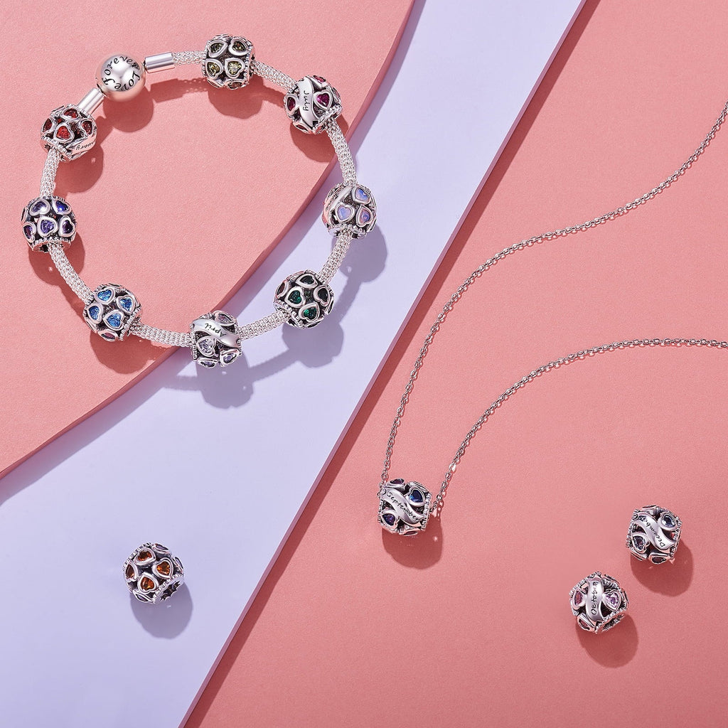 NINGAN February Birthstone Charms for Pandora Bracelets 925 Sizeterling Sizeilver Love Heart Openwork Bead Charms