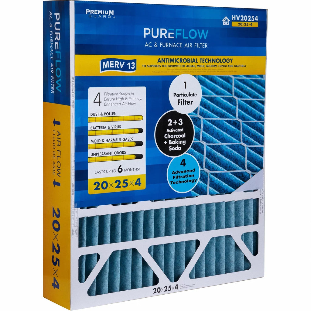 PureFlow, Home Furnace Air Filter 20x25x4, with 4 Layers of Advanced Filtration Technology, MERV-13 Pack-of-2