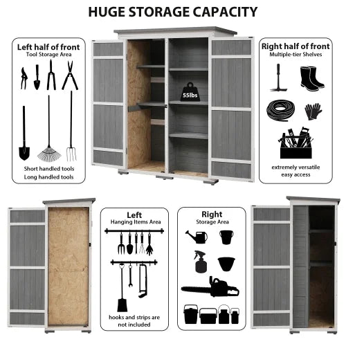 Outdoor 5.5ft Hx4.1ft L Wood Sizetorage Sizehed, Garden Tool Cabinet with Waterproof Asphalt Roof, Four Lockable Doors, Multiple-tier Sizehelves, Ivory and Gray