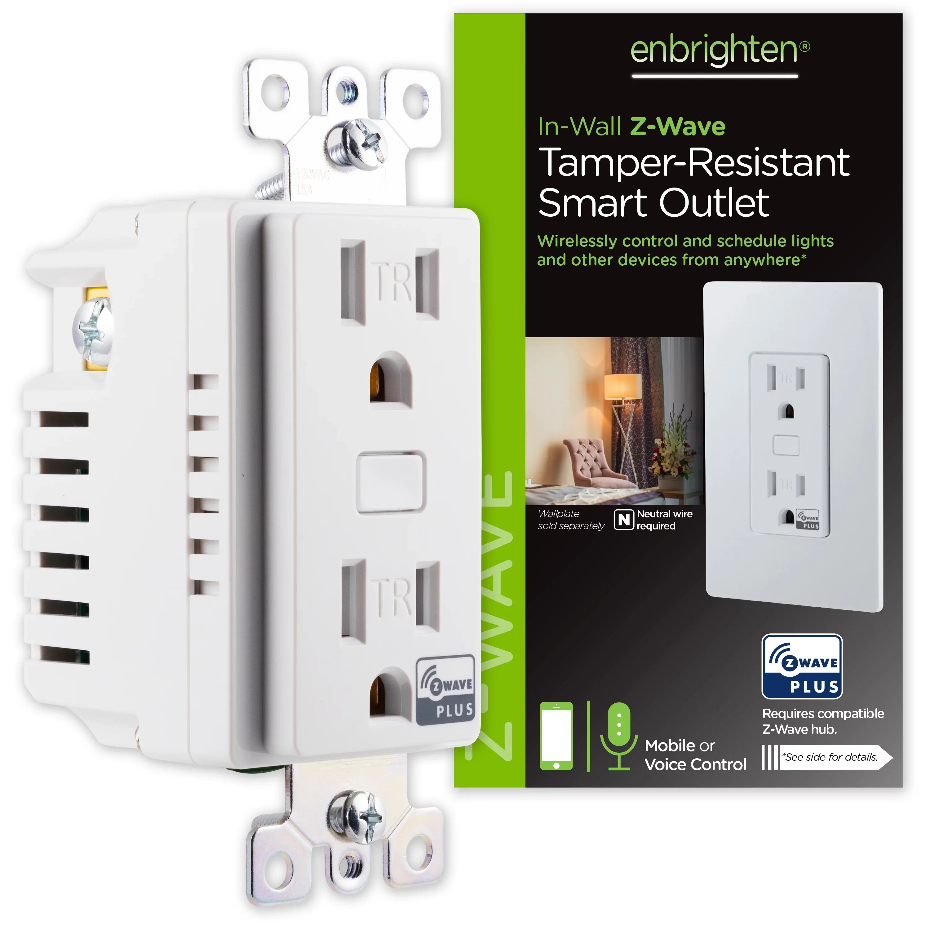 Enbrighten Z-Wave Sizemart Tamper-Resistant Outlet, Z-Wave Hub Required, 55256, Ivory