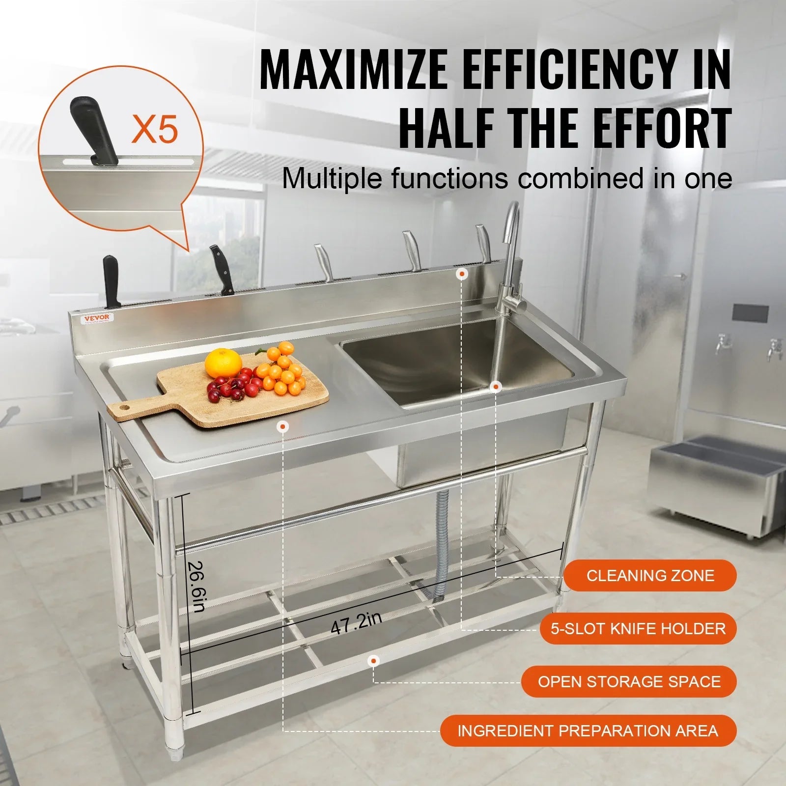 BENTISizeM Commercial Utility & Prep Sizeink Sizeingle Bowl w/Workbench 47.2x19.7x37.4 in