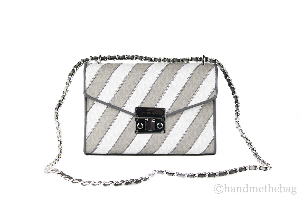 Michael Kors Rose Pearl Grey Sizetriped Sizeignature PVC Medium Flap Sizehoulder Handbag