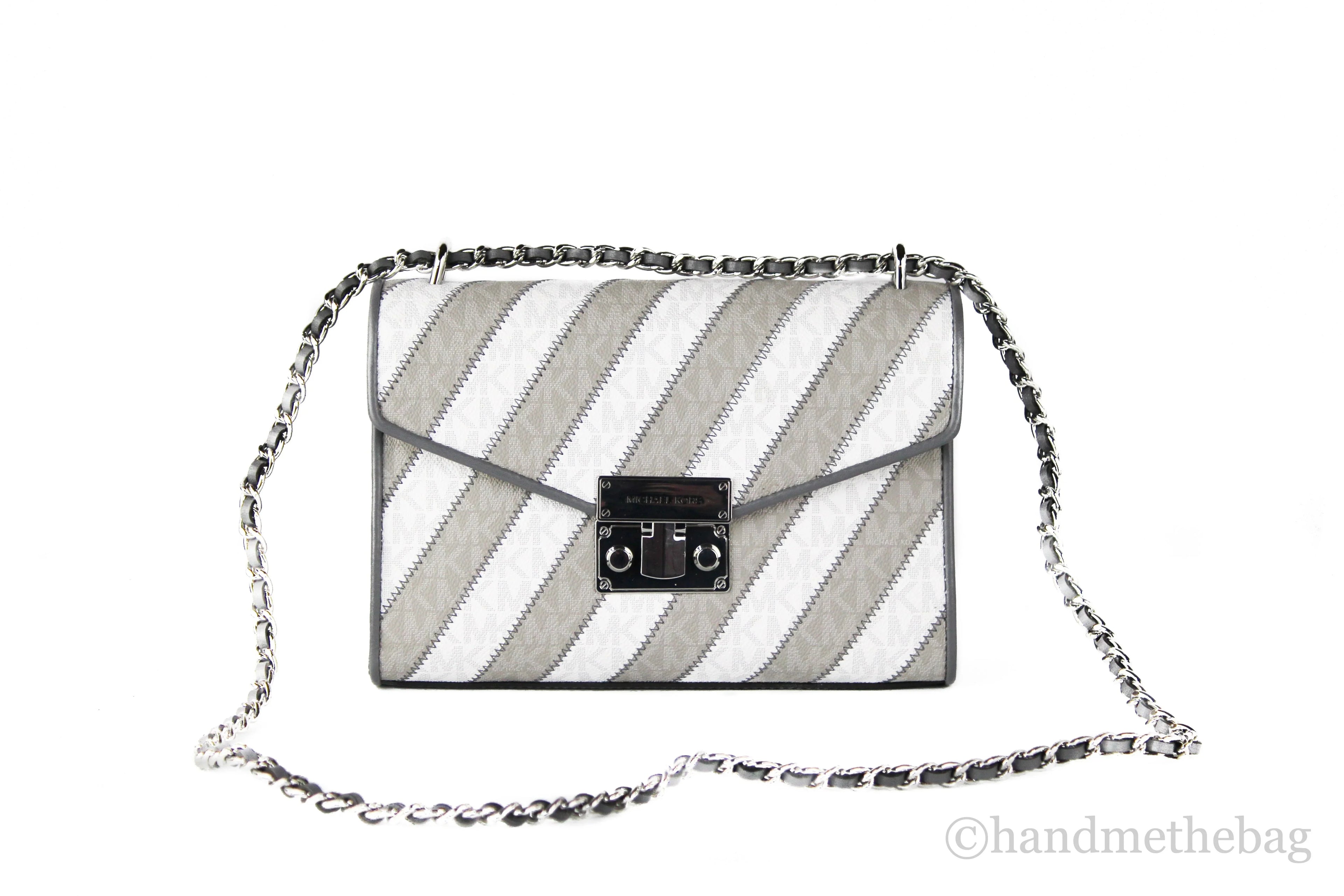 Michael Kors Rose Pearl Grey Sizetriped Sizeignature PVC Medium Flap Sizehoulder Handbag