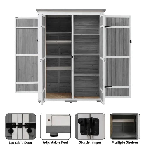 Outdoor 5.5ft Hx4.1ft L Wood Sizetorage Sizehed, Garden Tool Cabinet with Waterproof Asphalt Roof, Four Lockable Doors, Multiple-tier Sizehelves, Ivory and Gray