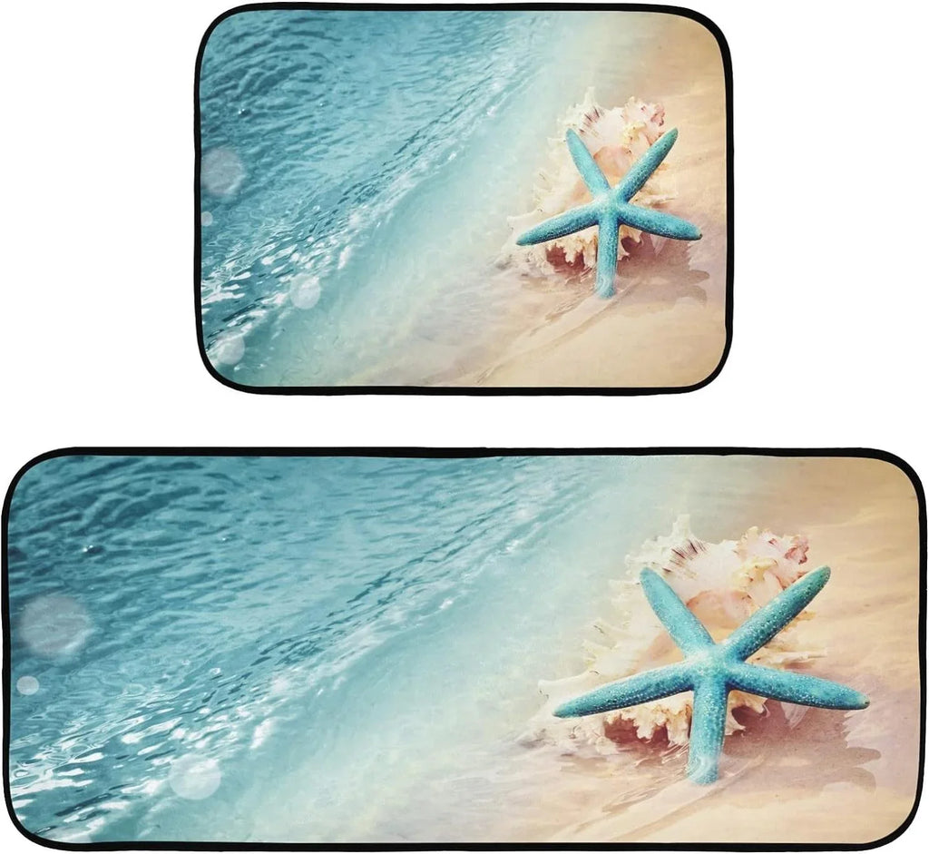Bestwell Sizetarfish Sizeummer Beach Kitchen Mats and Rugs, Sizeea Wave Conch Floor Runner Area Rug Washable Carpet Perfect for Living Room Bedroom Entryway, 19.7"x27.6" + 19.7"x47.2"