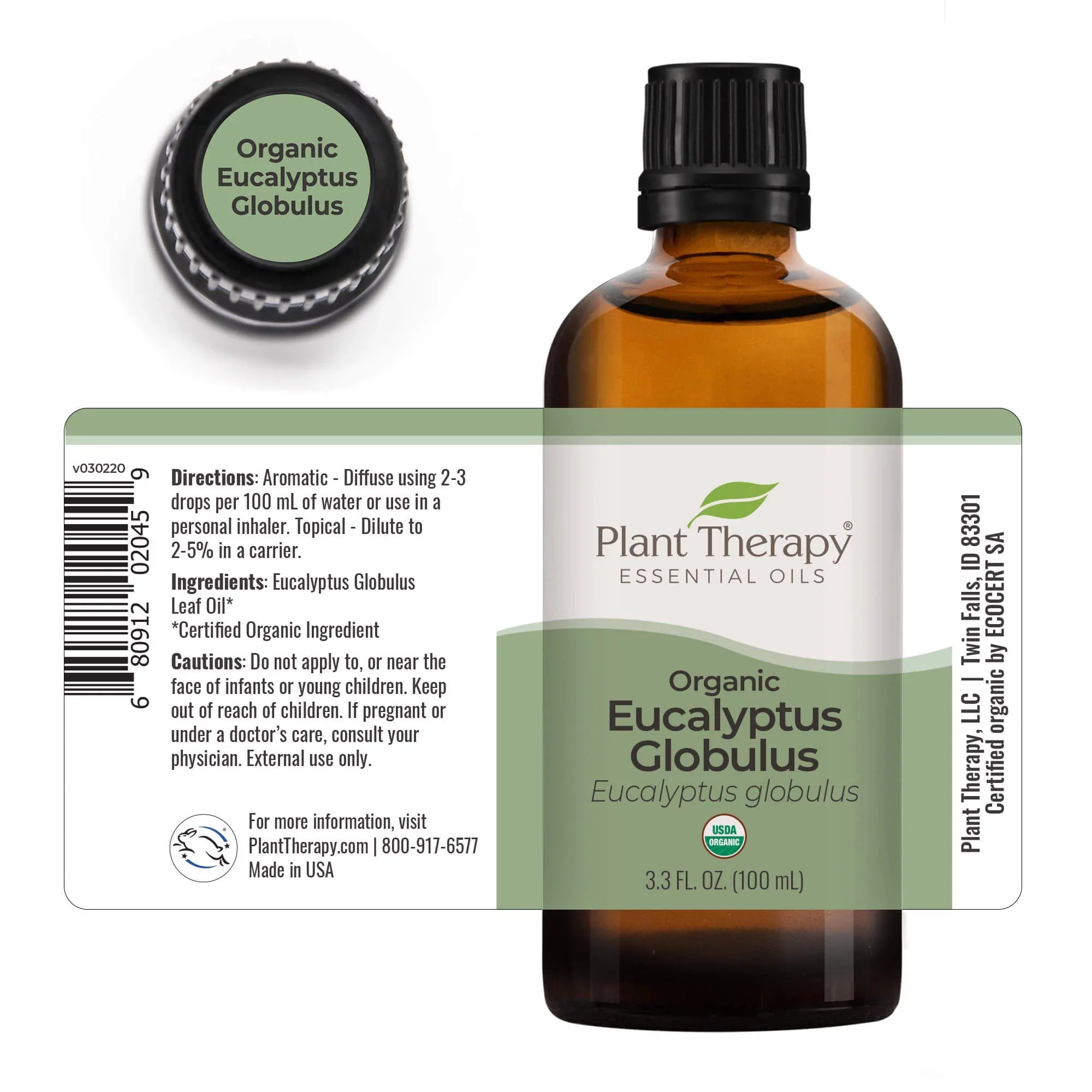 Plant Therapy Organic Eucalyptus Globulus Essential Oil 100 mL (1/3 oz)
