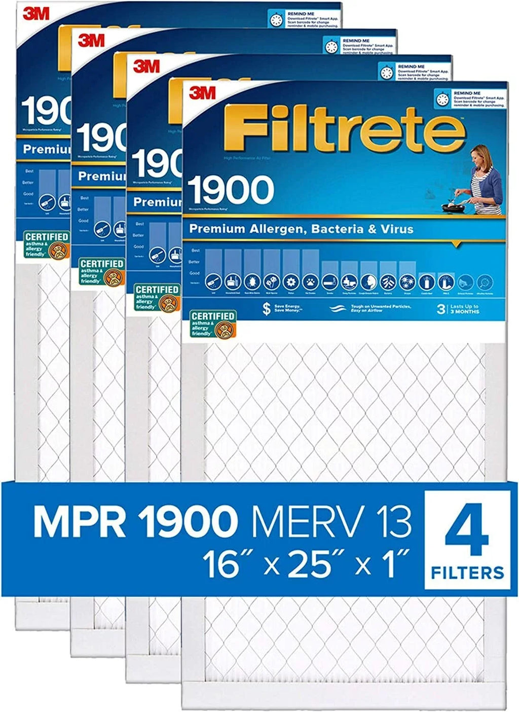 Filtrete 16x25x1 Air Filter MPR 1900 MERV 13, Healthy Living Ultimate Allergen, 4-Pack exact dimensions 15.69 x 24.69 x 0.78