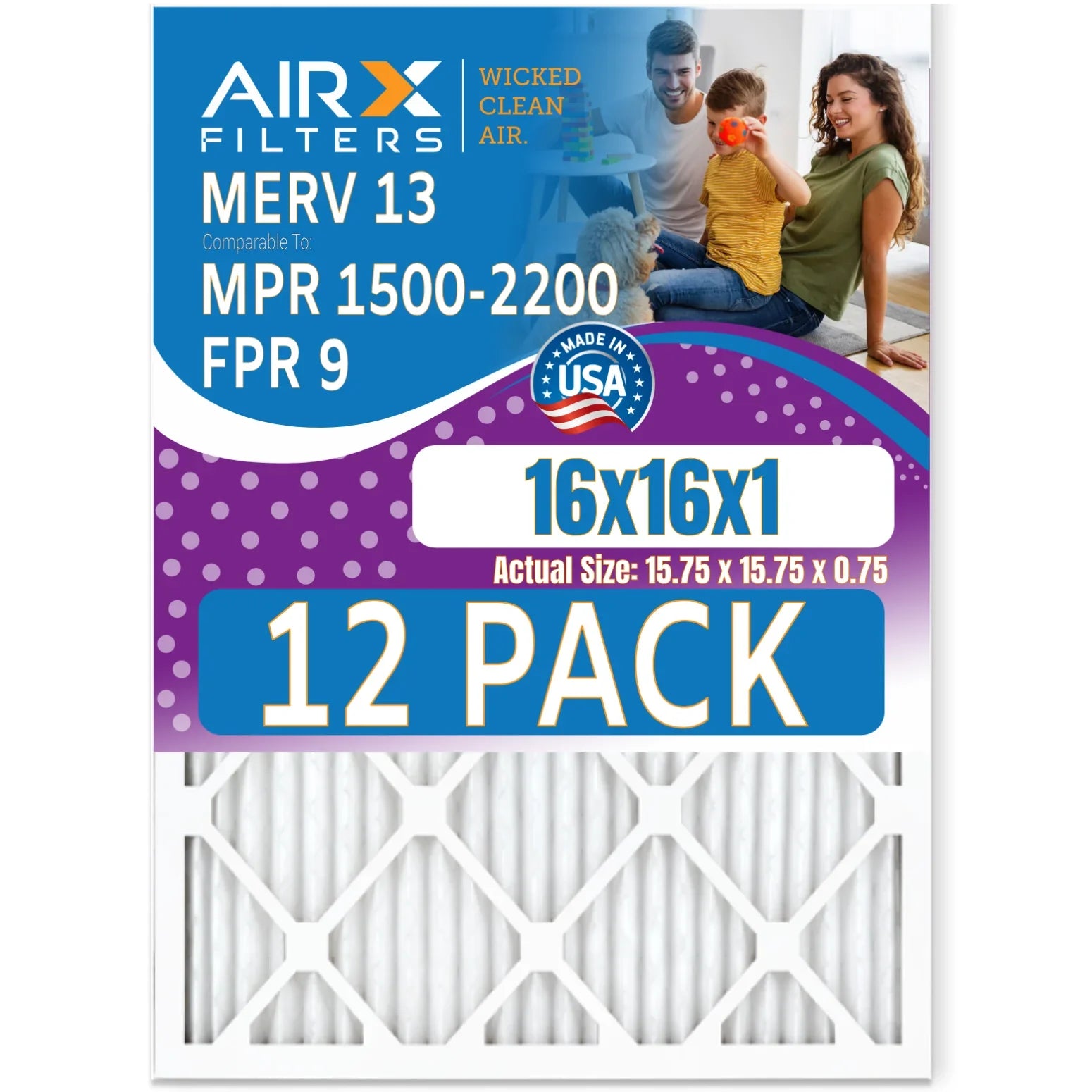 16x16x1 Air Filter MERV 13 Rating, 12 Pack of Furnace Filters Comparable to MPR 1500 - 2200 & FPR 9 - Made in USizeA by AIRX FILTERSize WICKED CLEAN AIR.