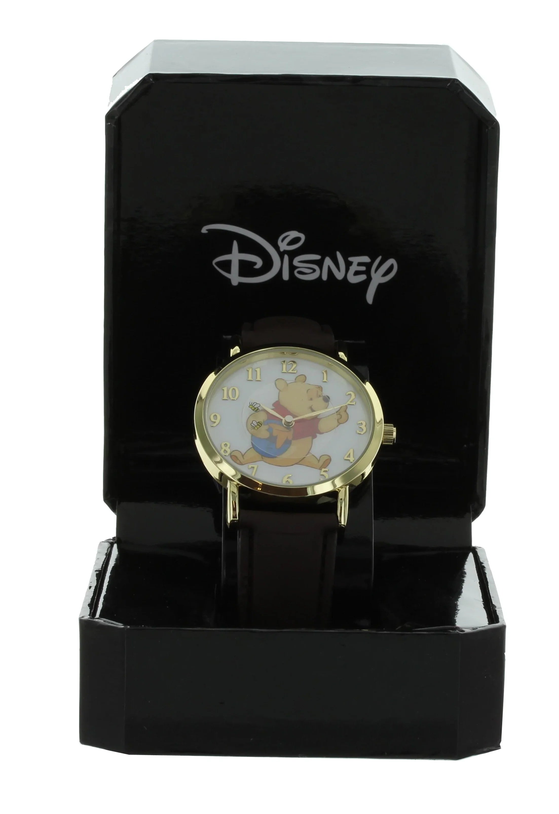 Disney Winnie The Pooh Rotating Bees Gold Tone Case With Brown Leather Band Analog Watch WP5003